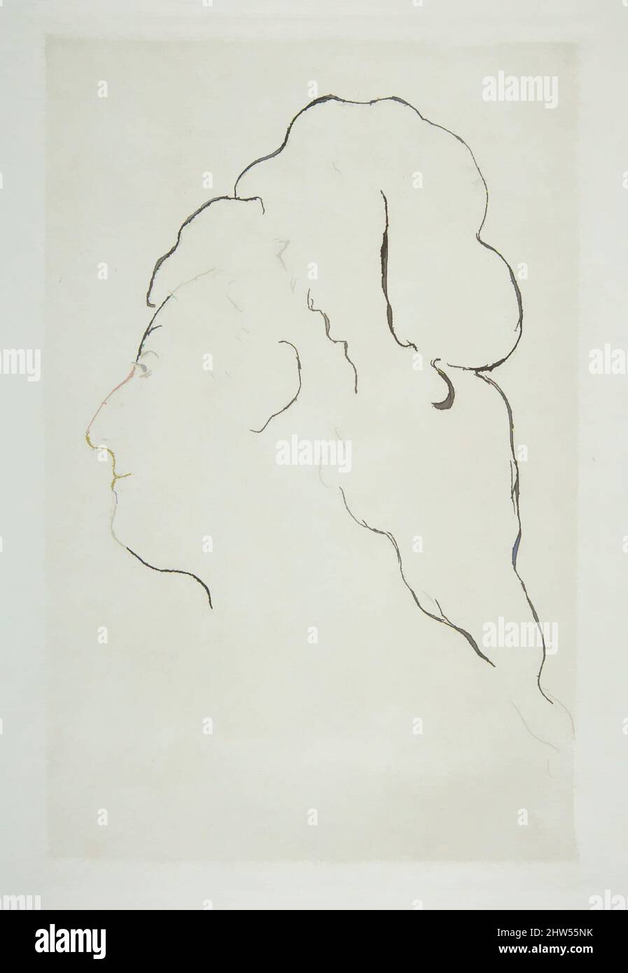 Arte ispirata dal profilo di Eva Gonzales girata a sinistra, ca. 1870, incisione su carta blu, solo stato, dal 1905 Strölin edizione, targa: 9 1/4 x 6 3/16in. (23,5 x 15,7cm), Prints, Édouard Manet (francese, Parigi 1832–1883 Parigi, opere classiche modernizzate da Artotop con un tuffo di modernità. Forme, colore e valore, impatto visivo accattivante sulle emozioni artistiche attraverso la libertà delle opere d'arte in modo contemporaneo. Un messaggio senza tempo che persegue una nuova direzione selvaggiamente creativa. Artisti che si rivolgono al supporto digitale e creano l'NFT Artotop Foto Stock