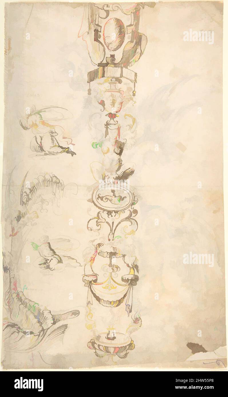 Arte ispirata a Candelabra grottesca e vari studi di figura (recto); due Griffin e teste femminili (verso), ca. 1545–60, inchiostro Pen e marrone scuro (recto). Su carta biancastra. Penna e inchiostro marrone scuro (verso), 13-3/16 x 8-1/16 pollici (33,5 x 20,5 cm), attribuito ad Andrés de Melgar (, opere classiche modernizzate da Artotop con un tuffo di modernità. Forme, colore e valore, impatto visivo accattivante sulle emozioni artistiche attraverso la libertà delle opere d'arte in modo contemporaneo. Un messaggio senza tempo che persegue una nuova direzione selvaggiamente creativa. Artisti che si rivolgono al supporto digitale e creano l'NFT Artotop Foto Stock