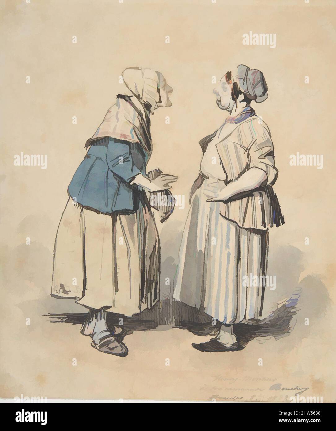 Arte ispirata ai due Gossips (Les Deux Commeres), 1832, penna e inchiostro nero, e acquerello su carta, 5 1/16 x 4 1/2 pollici. (12,8 x 11,5 cm), disegni, Henry-Bonaventure Monnier (francese, Parigi 1799–1877 Parigi, opere classiche modernizzate da Artotop con un tuffo di modernità. Forme, colore e valore, impatto visivo accattivante sulle emozioni artistiche attraverso la libertà delle opere d'arte in modo contemporaneo. Un messaggio senza tempo che persegue una nuova direzione selvaggiamente creativa. Artisti che si rivolgono al supporto digitale e creano l'NFT Artotop Foto Stock