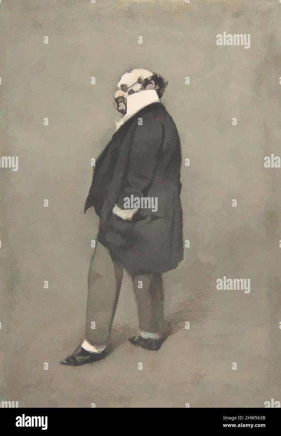 Arte ispirata al Society Man (Monsieur Joseph Prudhomme), 1874, penna e inchiostro marrone e nero con acquerello e tocchi di bianco su carta grigio-verde., 8 7/8 x 6 11/16 pollici (22,6 x 17 cm), disegni, Henry-Bonaventure Monnier (francese, Parigi 1799–1877 Parigi, opere classiche modernizzate da Artotop con un tuffo di modernità. Forme, colore e valore, impatto visivo accattivante sulle emozioni artistiche attraverso la libertà delle opere d'arte in modo contemporaneo. Un messaggio senza tempo che persegue una nuova direzione selvaggiamente creativa. Artisti che si rivolgono al supporto digitale e creano l'NFT Artotop Foto Stock