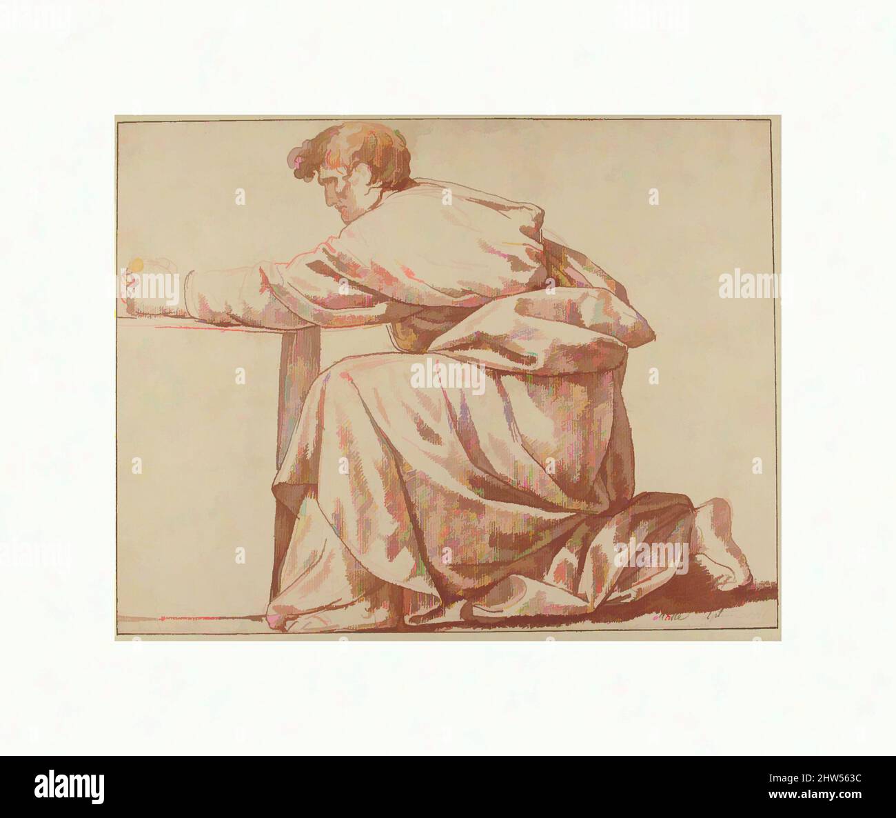 Arte ispirata al personaggio maschio con drappeggio, 1776, gesso rosso, linee di incorniciatura a penna e inchiostro marrone, 10 1/16 x 13 pollici (25,6 x 33 cm), disegni, Jean Guillaume Moitte (francese, Parigi 1746–1810 Parigi, opere classiche modernizzate da Artotop con un tuffo di modernità. Forme, colore e valore, impatto visivo accattivante sulle emozioni artistiche attraverso la libertà delle opere d'arte in modo contemporaneo. Un messaggio senza tempo che persegue una nuova direzione selvaggiamente creativa. Artisti che si rivolgono al supporto digitale e creano l'NFT Artotop Foto Stock