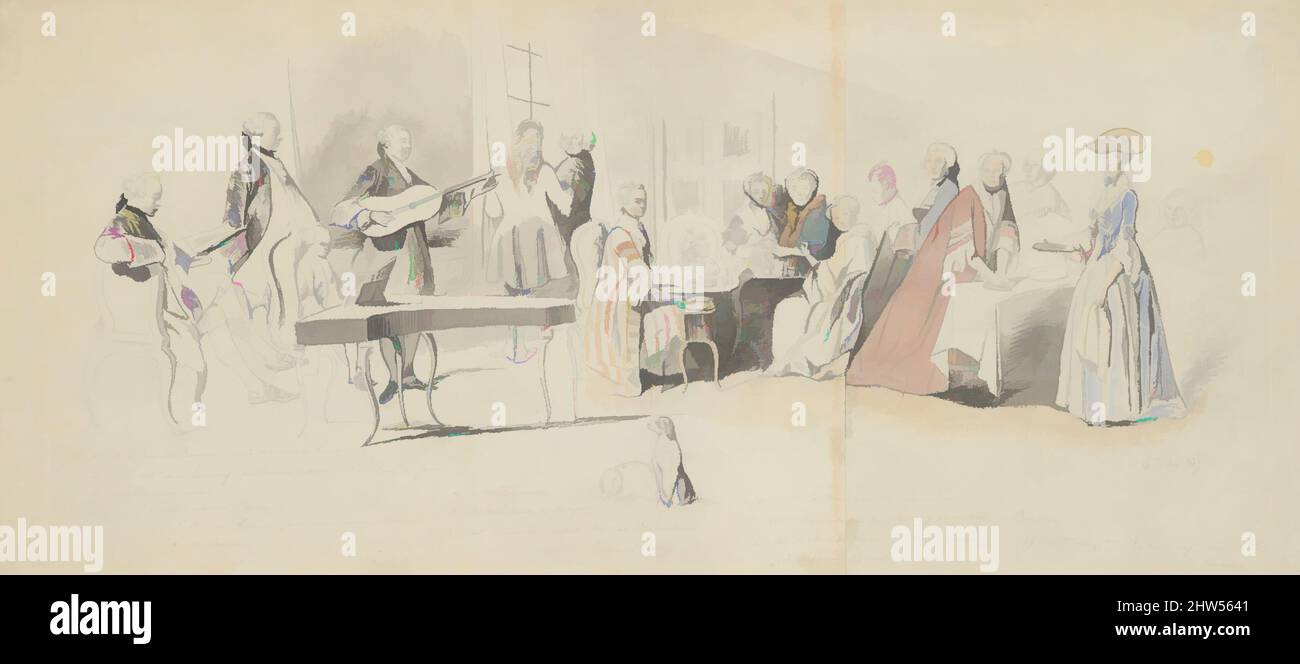 Arte ispirata al Tea Party al Prince de conti, metà del 19th secolo, penna e inchiostro nero, spazzola e lavaggio grigio, acquerello, su grafite, 11 x 24 9/16 pollici. (28 x 62,4 cm), disegni, Henry-Bonaventure Monnier (francese, Parigi 1799–1877 Parigi, opere classiche modernizzate da Artotop con un tuffo di modernità. Forme, colore e valore, impatto visivo accattivante sulle emozioni artistiche attraverso la libertà delle opere d'arte in modo contemporaneo. Un messaggio senza tempo che persegue una nuova direzione selvaggiamente creativa. Artisti che si rivolgono al supporto digitale e creano l'NFT Artotop Foto Stock