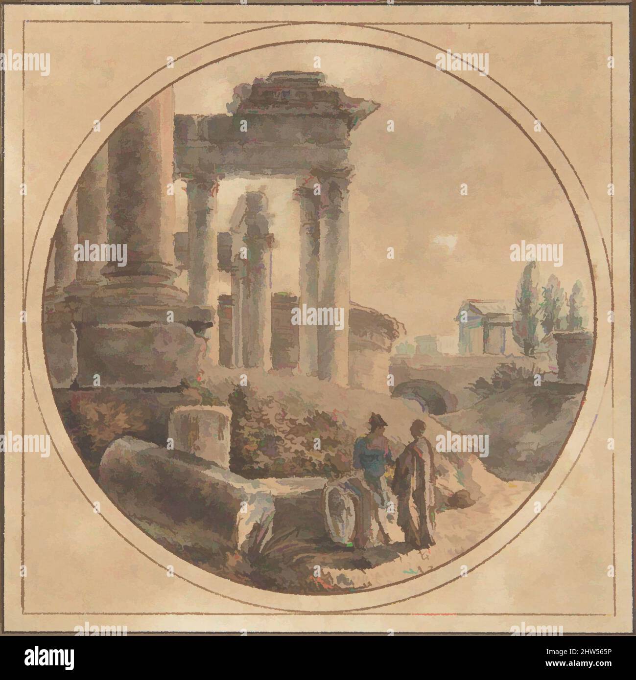 Art Inspired by Fantasy Vista del Foro Romano, n.d., inchiostro a penna e marrone, acquerello, diametro immagine: 2 3/4 poll. (7 cm.), disegni, Victor Jean Nicolle (francese, Parigi 1754–1826 Parigi, opere classiche modernizzate da Artotop con un tuffo di modernità. Forme, colore e valore, impatto visivo accattivante sulle emozioni artistiche attraverso la libertà delle opere d'arte in modo contemporaneo. Un messaggio senza tempo che persegue una nuova direzione selvaggiamente creativa. Artisti che si rivolgono al supporto digitale e creano l'NFT Artotop Foto Stock