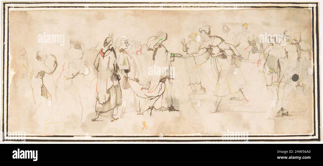 Arte ispirata da re Salomone che riceve la Regina di Sheba, 1624–63, penna e inchiostro marrone. Linee di incorniciatura in penna e inchiostro marrone sul supporto, 2-15/16 x 7-5/16" (7,5 x 18,6 cm), disegni, attribuiti a Francesco Allegrini (italiano, Cantiano (?) 1615/20–dopo il 1679 Gubbio, opere classiche modernizzate da Artotop con un tuffo di modernità. Forme, colore e valore, impatto visivo accattivante sulle emozioni artistiche attraverso la libertà delle opere d'arte in modo contemporaneo. Un messaggio senza tempo che persegue una nuova direzione selvaggiamente creativa. Artisti che si rivolgono al supporto digitale e creano l'NFT Artotop Foto Stock