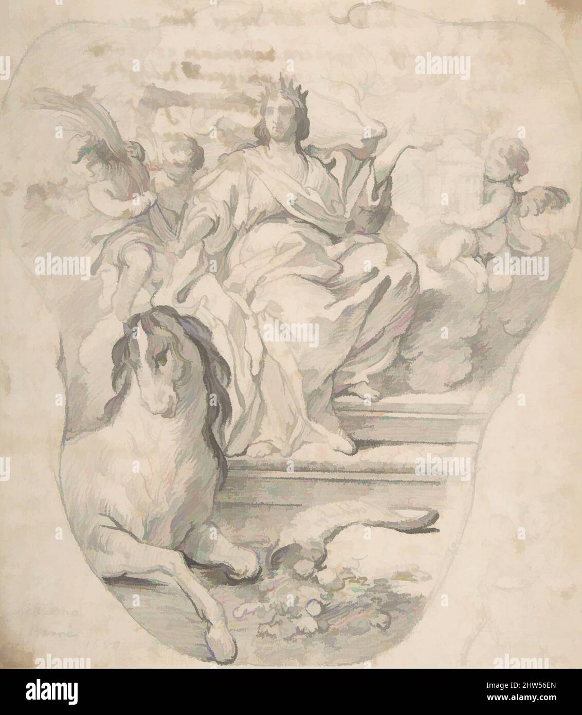 Art Inspired by Design for Panel: Figura allegorica d'Europa, 1650–79, gesso nero, 9 15/16 x 8 15/16in. (25,2 x 22,7cm), disegni, Giacomo Barri (italiano, documentato Venezia dopo il 1630–1689 Venezia, opere classiche modernizzate da Artotop con un tuffo di modernità. Forme, colore e valore, impatto visivo accattivante sulle emozioni artistiche attraverso la libertà delle opere d'arte in modo contemporaneo. Un messaggio senza tempo che persegue una nuova direzione selvaggiamente creativa. Artisti che si rivolgono al supporto digitale e creano l'NFT Artotop Foto Stock