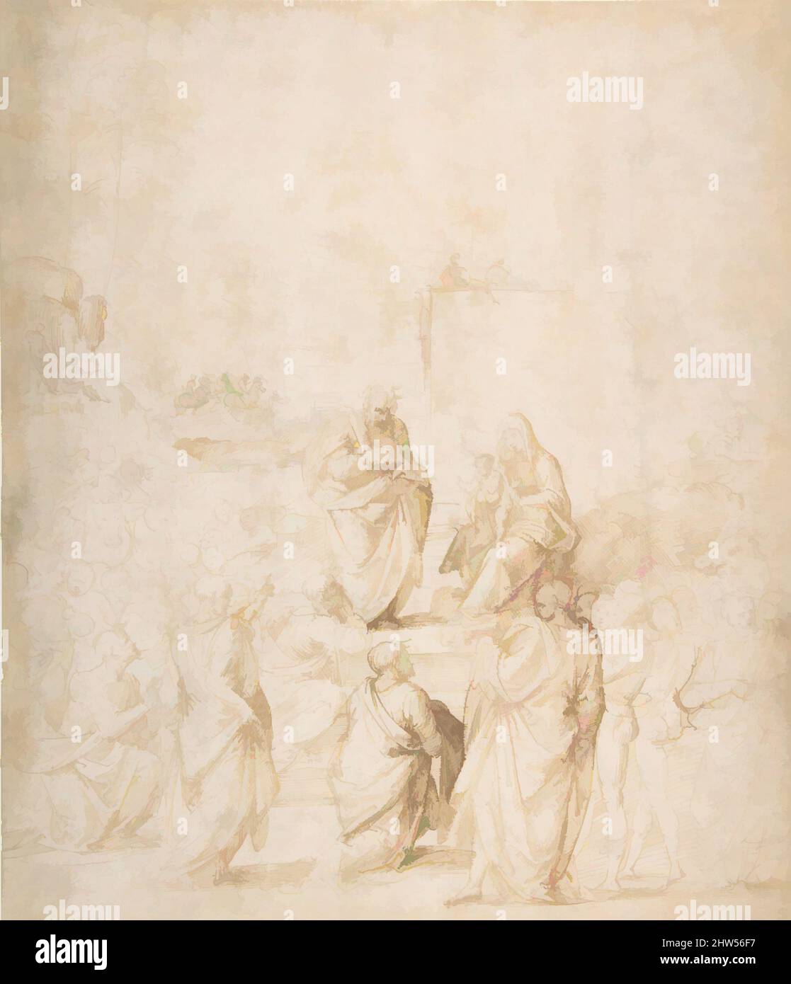 Arte ispirata all'Adorazione dei Magi, ca. 1500, inchiostro Pen e marrone, su tracce di gesso nero, 10-15/16 x 9-7/16" (27,8 x 24,0 cm), disegni, fra Bartolomeo (Bartolomeo di Paolo del Fattorino) (Firenze 1473–1517 Firenze) (?), in questo primo disegno dell'artista, le opere classiche modernizzate da Artotop con un tuffo di modernità. Forme, colore e valore, impatto visivo accattivante sulle emozioni artistiche attraverso la libertà delle opere d'arte in modo contemporaneo. Un messaggio senza tempo che persegue una nuova direzione selvaggiamente creativa. Artisti che si rivolgono al supporto digitale e creano l'NFT Artotop Foto Stock