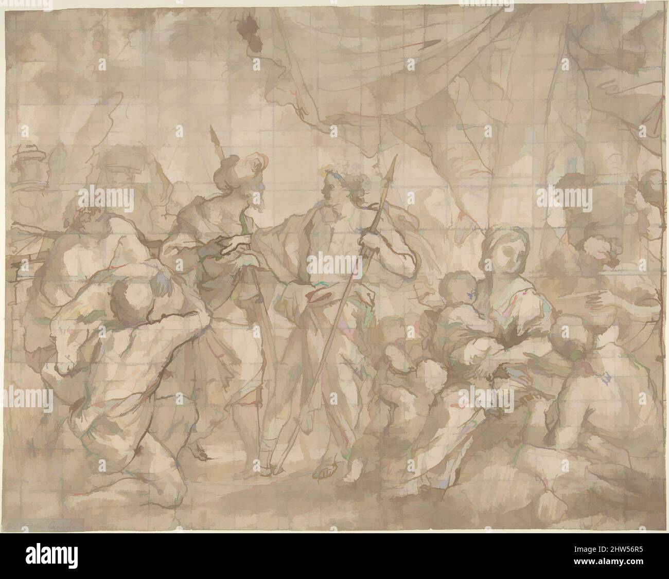 Arte ispirata dalla scena dell'Antico Testamento, 1639–97, penna e inchiostro marrone, pennello e lavaggio marrone, su gesso nero. Quadrato in gesso nero, 11 1/4 x 14 1/8in. (28,5 x 35,9cm), disegni, Giovanni Andrea Carlone (Genova 1639–1697 Genova, opere classiche modernizzate da Artotop con un tuffo di modernità. Forme, colore e valore, impatto visivo accattivante sulle emozioni artistiche attraverso la libertà delle opere d'arte in modo contemporaneo. Un messaggio senza tempo che persegue una nuova direzione selvaggiamente creativa. Artisti che si rivolgono al supporto digitale e creano l'NFT Artotop Foto Stock