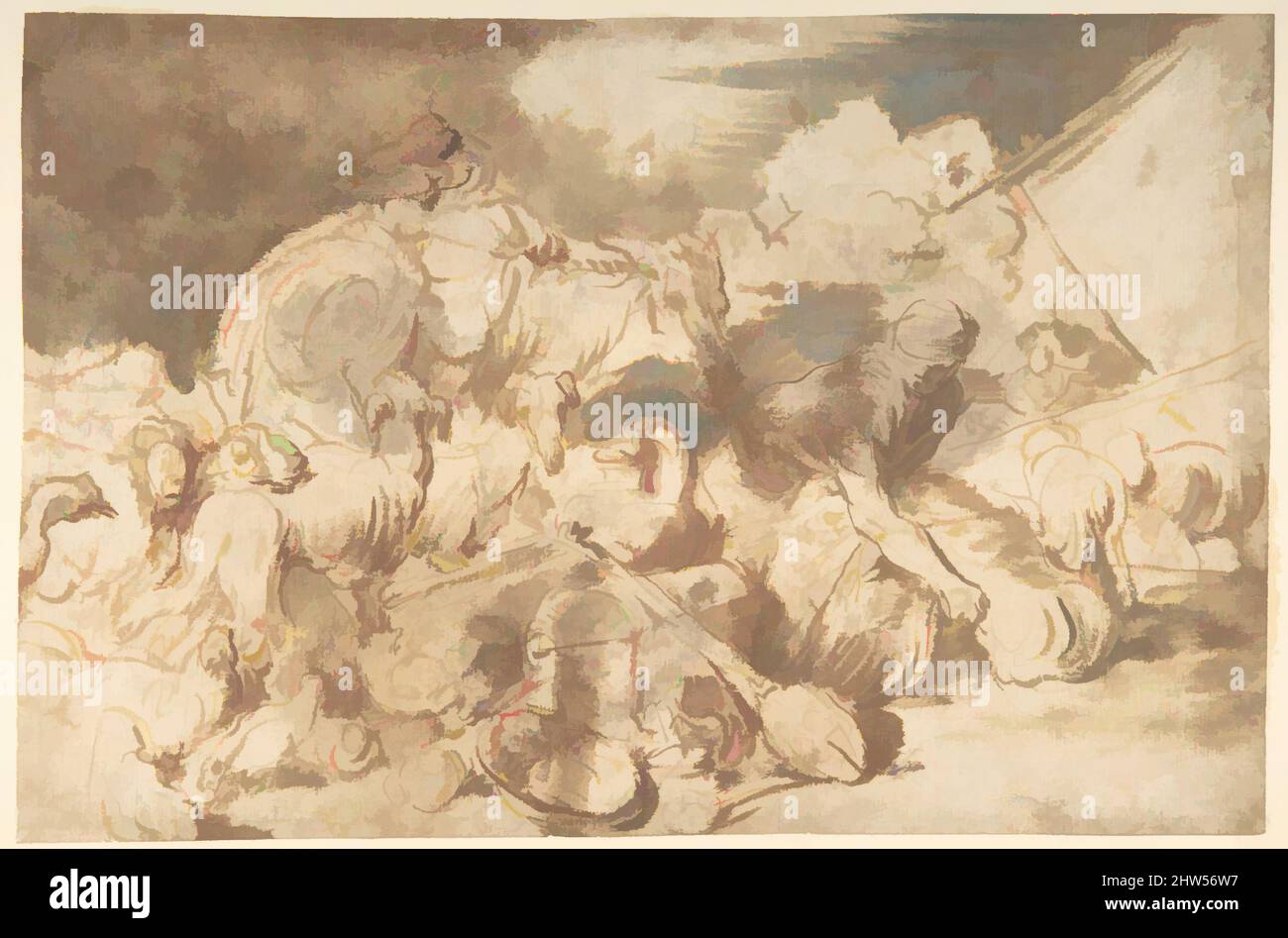 Arte ispirata da animali e figure prima dell'Arca, 1660–64, pennello con vernice ad olio rosso-marrone, marrone e blu, 9 5/8 x 14 1/2in. (24,4 x 36,9cm), disegni, Circolo di Giovanni Benedetto Castiglione (il Grechetto) (Genova 1609–1664 Mantova, opere classiche modernizzate da Artotop con un tocco di modernità. Forme, colore e valore, impatto visivo accattivante sulle emozioni artistiche attraverso la libertà delle opere d'arte in modo contemporaneo. Un messaggio senza tempo che persegue una nuova direzione selvaggiamente creativa. Artisti che si rivolgono al supporto digitale e creano l'NFT Artotop Foto Stock