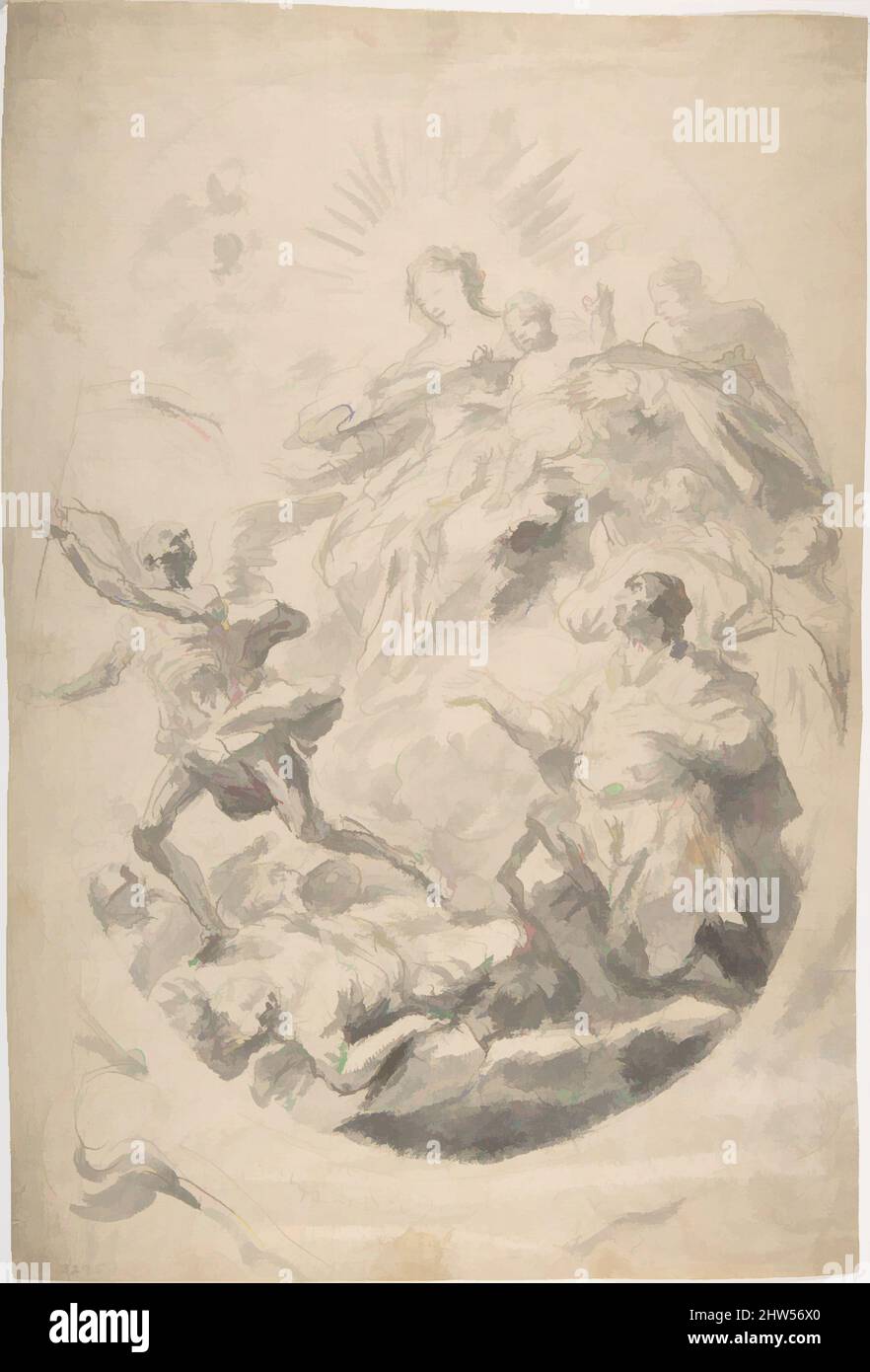 Arte ispirata dalla Vergine e dal Bambino che interviene per le vittime della peste (recto); figura femminile seduta (verso), 1705–41, penna e inchiostro marrone, pennello e lavaggio grigio, su gesso nero (recto); piccolo schizzo di gesso nero di una figura femminile seduta (verso), 15 3/16 x 10 1/4in. (38,6 x 26cm, opere classiche modernizzate da Artotop con un tuffo di modernità. Forme, colore e valore, impatto visivo accattivante sulle emozioni artistiche attraverso la libertà delle opere d'arte in modo contemporaneo. Un messaggio senza tempo che persegue una nuova direzione selvaggiamente creativa. Artisti che si rivolgono al supporto digitale e creano l'NFT Artotop Foto Stock