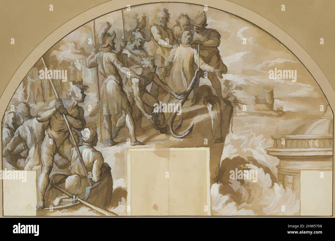 Arte ispirata al martirio di San Clemente i, Papa, 1596–97, penna e inchiostro marrone, pennello e lavaggio marrone, evidenziato con bianco, su gesso nero, su carta brunastra, 11-1/4 x 17-7/16 pollici. (28,6 x 44,3 cm), disegni, Agostino Ciampelli (Firenze 1565–1630 Roma), questo foglio, Opere classiche modernizzate da Artotop con un tocco di modernità. Forme, colore e valore, impatto visivo accattivante sulle emozioni artistiche attraverso la libertà delle opere d'arte in modo contemporaneo. Un messaggio senza tempo che persegue una nuova direzione selvaggiamente creativa. Artisti che si rivolgono al supporto digitale e creano l'NFT Artotop Foto Stock