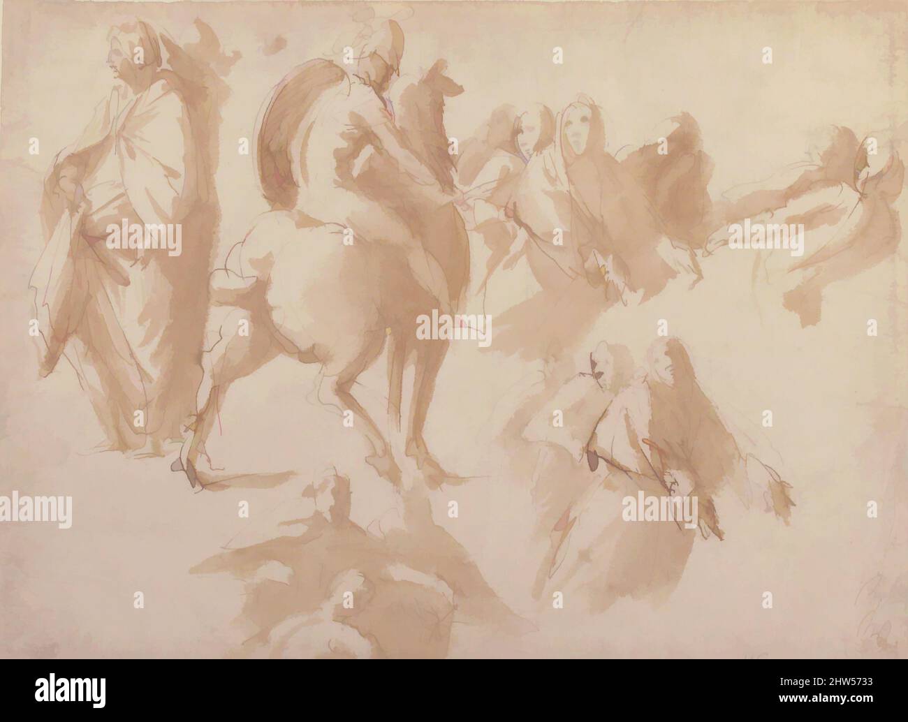 Arte ispirata da studi di figure: Guerriero su Horseback, e gruppi di figure femminili in piedi, 1565–1608, inchiostro Pen e marrone, pennello e lavaggio marrone, 7 15/16 x 10 13/16in. (20,2 x 27,5cm), disegni, Francesco Curia (Napoli documentata 1565/70–1608 Napoli), Francesco Curia può essere, opere classiche modernizzate da Artotop con un tuffo di modernità. Forme, colore e valore, impatto visivo accattivante sulle emozioni artistiche attraverso la libertà delle opere d'arte in modo contemporaneo. Un messaggio senza tempo che persegue una nuova direzione selvaggiamente creativa. Artisti che si rivolgono al supporto digitale e creano l'NFT Artotop Foto Stock