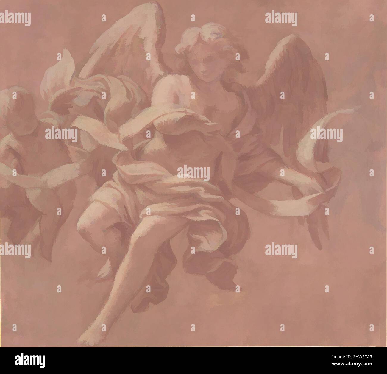 Arte ispirata a Putto e Angel Holding a banderole., 1706, Pennello e tempera rosa e bianca, su gesso rosso, su carta brunastra, foglio: 6 9/16 x 7 3/8 pollici (16,7 x 18,7 cm), disegni, Antonio Franchi (il Lucchese) (Villa Basilica vicino Lucca 1638–1709 Firenze), questo disegno e, opere classiche modernizzate da Artotop con un tuffo di modernità. Forme, colore e valore, impatto visivo accattivante sulle emozioni artistiche attraverso la libertà delle opere d'arte in modo contemporaneo. Un messaggio senza tempo che persegue una nuova direzione selvaggiamente creativa. Artisti che si rivolgono al supporto digitale e creano l'NFT Artotop Foto Stock