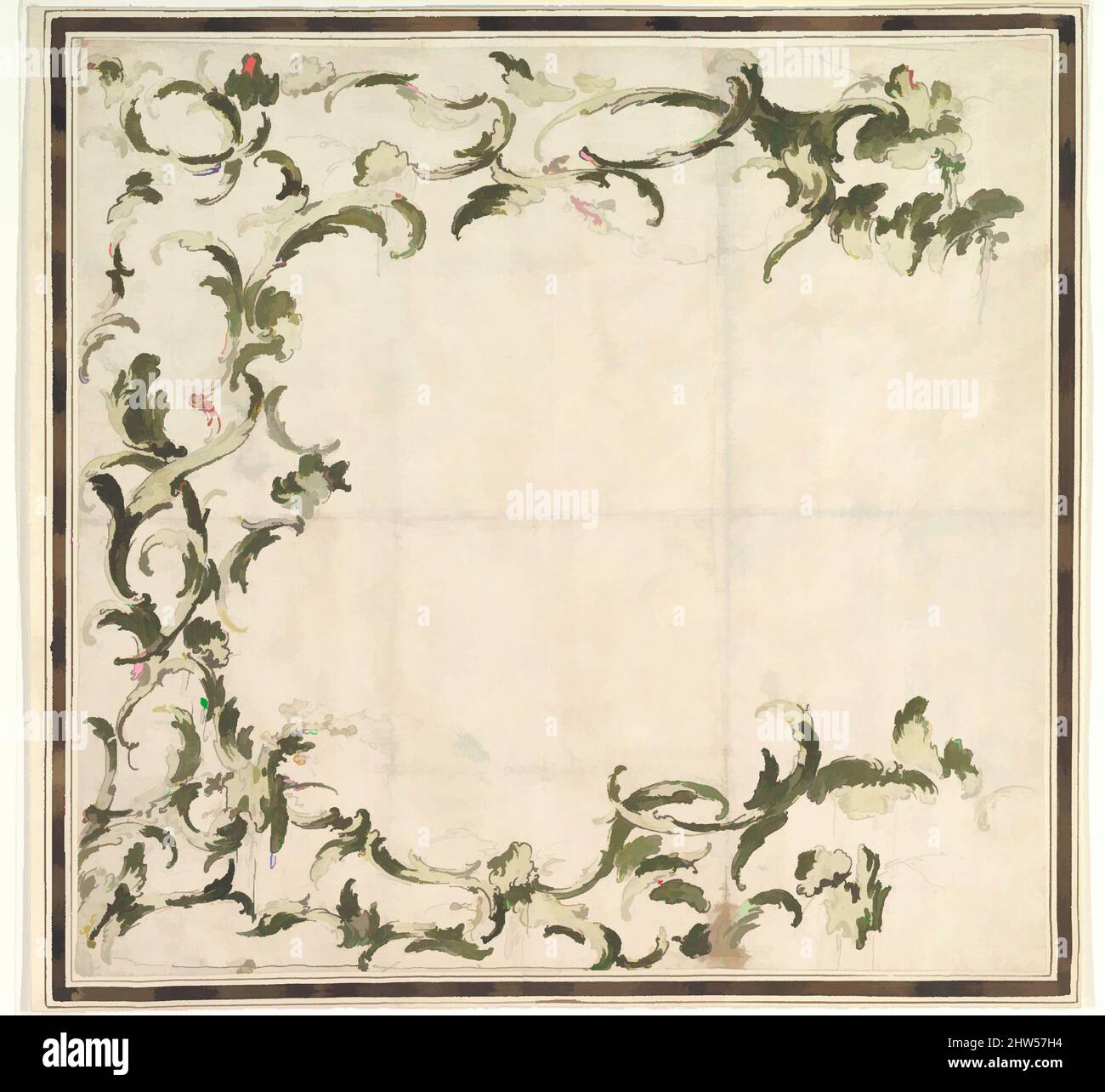 Art Inspired by Design for a Framing Motif, 1712–93, penna e inchiostro marrone, pennello con acquerello verde chiaro e scuro (?), su grafite o gesso nero o piombo, 16-1/4 x 17 pollici (41,2 x 43,2 cm), disegni, attribuiti a Francesco Guardi (Venezia 1712–1793 Venezia, opere classiche modernizzate da Artotop con un tuffo di modernità. Forme, colore e valore, impatto visivo accattivante sulle emozioni artistiche attraverso la libertà delle opere d'arte in modo contemporaneo. Un messaggio senza tempo che persegue una nuova direzione selvaggiamente creativa. Artisti che si rivolgono al supporto digitale e creano l'NFT Artotop Foto Stock