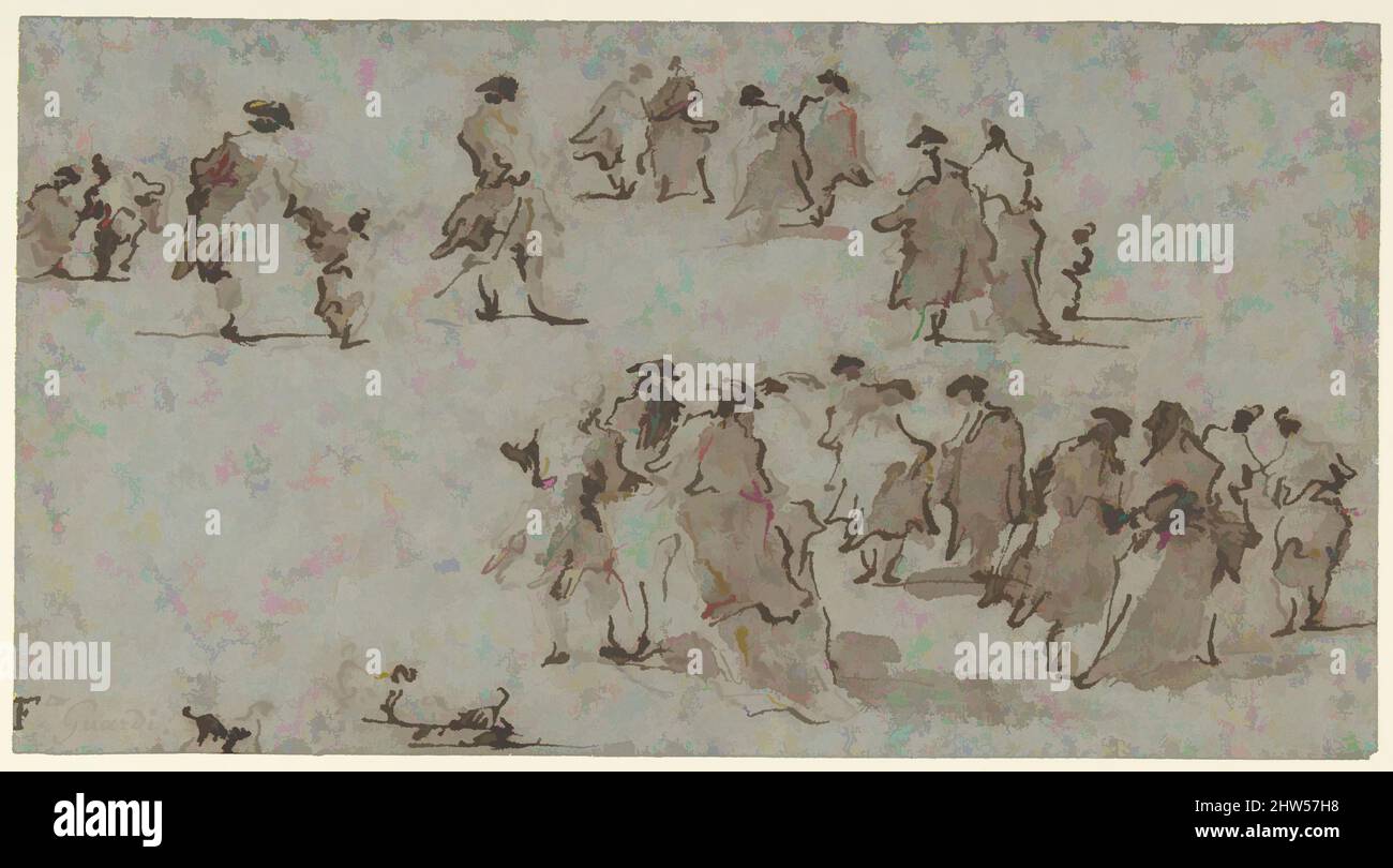 Arte ispirata da Studi per gruppi di personaggi Passeggiate, 1712–93, penna e inchiostro marrone, pennello e lavaggio marrone, su carta blu sbiadito a blu-marrone, 5 15/16 x 11in. (15,1 x 28cm), disegni, Francesco Guardi (Italiano, Venezia 1712–1793 Venezia, opere classiche modernizzate da Artotop con un tuffo di modernità. Forme, colore e valore, impatto visivo accattivante sulle emozioni artistiche attraverso la libertà delle opere d'arte in modo contemporaneo. Un messaggio senza tempo che persegue una nuova direzione selvaggiamente creativa. Artisti che si rivolgono al supporto digitale e creano l'NFT Artotop Foto Stock