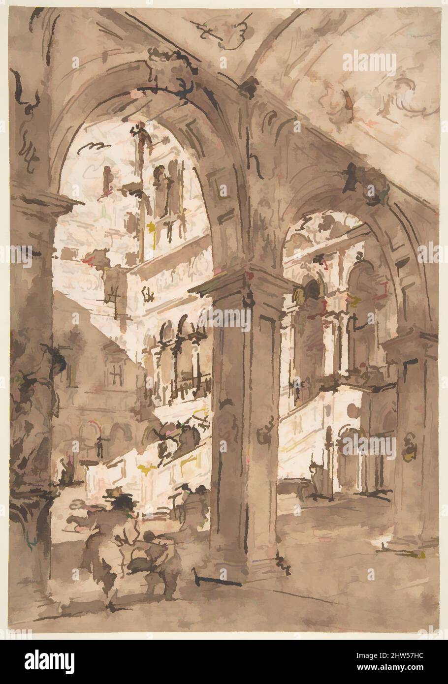 Arte ispirata al Capriccio architettonico: Cortile di un palazzo, 1712–93, inchiostro Pen e marrone, pennello e lavaggio marrone, su gesso rosso, 10 11/16 x 7 3/8in. (27,1 x 18,8cm), disegni, Francesco Guardi (Italiano, Venezia 1712–1793 Venezia, opere classiche modernizzate da Artotop con un tuffo di modernità. Forme, colore e valore, impatto visivo accattivante sulle emozioni artistiche attraverso la libertà delle opere d'arte in modo contemporaneo. Un messaggio senza tempo che persegue una nuova direzione selvaggiamente creativa. Artisti che si rivolgono al supporto digitale e creano l'NFT Artotop Foto Stock