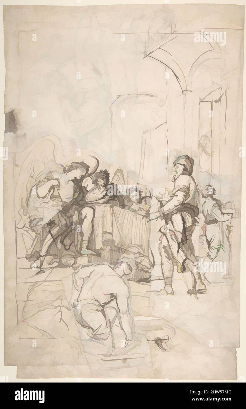 Arte ispirata da Abrahamo che intrattiene i tre Angeli (Genesi 18:1-15) (recto); una coppia che abbraccia, e l'altro (verso), 1710–80, penna e inchiostro marrone, su gesso nero (recto e verso), 13 7/8 x 8 7/8in. (35,3 x 22,5cm), disegni, attribuiti a Francesco Lamarra (italiano, Martina ca, opere classiche modernizzate da Artotop con un tuffo di modernità. Forme, colore e valore, impatto visivo accattivante sulle emozioni artistiche attraverso la libertà delle opere d'arte in modo contemporaneo. Un messaggio senza tempo che persegue una nuova direzione selvaggiamente creativa. Artisti che si rivolgono al supporto digitale e creano l'NFT Artotop Foto Stock