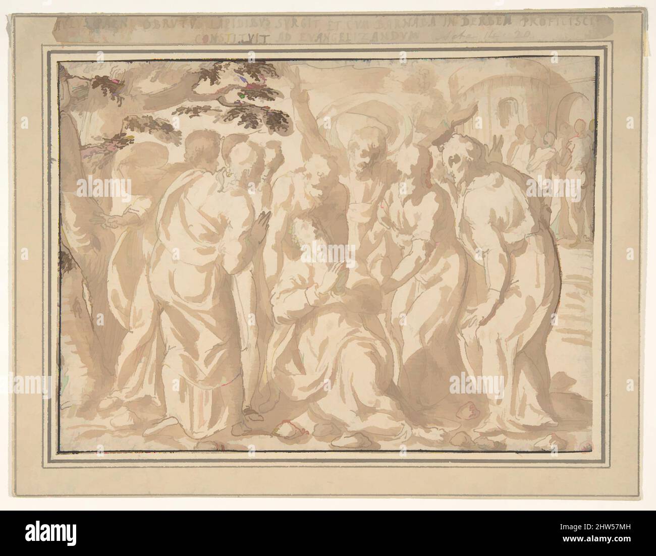 Arte ispirata da San Paolo circondata da discepoli dopo la sua lapidazione a Lystra (atti 14:20), 1590–1618, penna e inchiostro marrone, pennello e lavaggio marrone chiaro, 4 3/4 x 6 1/2in. (12 x 16,5cm), disegni, Giovanni Guerra (Italiano, Modena 1544–1618 Roma, opere classiche modernizzate da Artotop con un tuffo di modernità. Forme, colore e valore, impatto visivo accattivante sulle emozioni artistiche attraverso la libertà delle opere d'arte in modo contemporaneo. Un messaggio senza tempo che persegue una nuova direzione selvaggiamente creativa. Artisti che si rivolgono al supporto digitale e creano l'NFT Artotop Foto Stock