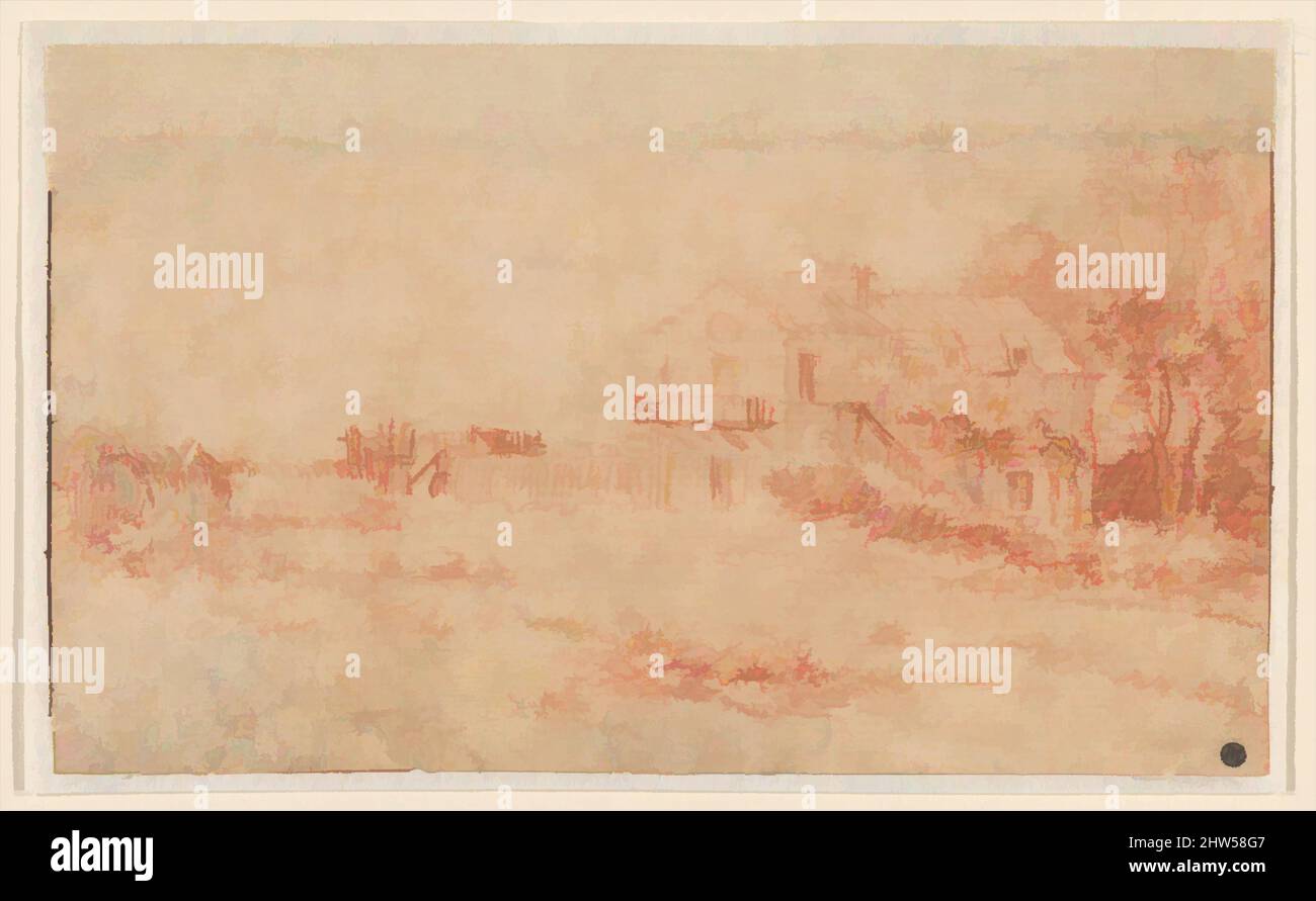 Arte ispirata al paesaggio con una Casa di campagna, ca. 1714, gesso rosso. È stata aggiunta una striscia di carta di 1,2 cm. Di altezza al margine superiore, 3 5/16 x 5 5/8 poll. (8,4 x 14,3 cm), disegni, Antoine Watteau (francese, Valenciennes 1684–1721 Nogent-sur-Marne, opere classiche modernizzate da Artotop con un tuffo di modernità. Forme, colore e valore, impatto visivo accattivante sulle emozioni artistiche attraverso la libertà delle opere d'arte in modo contemporaneo. Un messaggio senza tempo che persegue una nuova direzione selvaggiamente creativa. Artisti che si rivolgono al supporto digitale e creano l'NFT Artotop Foto Stock