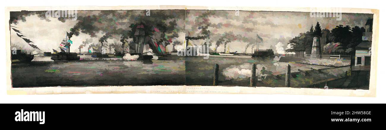 Art Inspired by Grand Canal Celebration: Vista della flotta che si prepara a formare in linea, 1825, litografia, immagine: 8 7/16 x 39 3/4 in. (21,4 x 101 cm), Prints, Archibald Robertson (American, Moneymusk, Scotland 1765–1835 New York), pubblicato, a pagina 187, in Cadwallader D. Colden's, opere classiche modernizzate da Artotop con un tuffo di modernità. Forme, colore e valore, impatto visivo accattivante sulle emozioni artistiche attraverso la libertà delle opere d'arte in modo contemporaneo. Un messaggio senza tempo che persegue una nuova direzione selvaggiamente creativa. Artisti che si rivolgono al supporto digitale e creano l'NFT Artotop Foto Stock