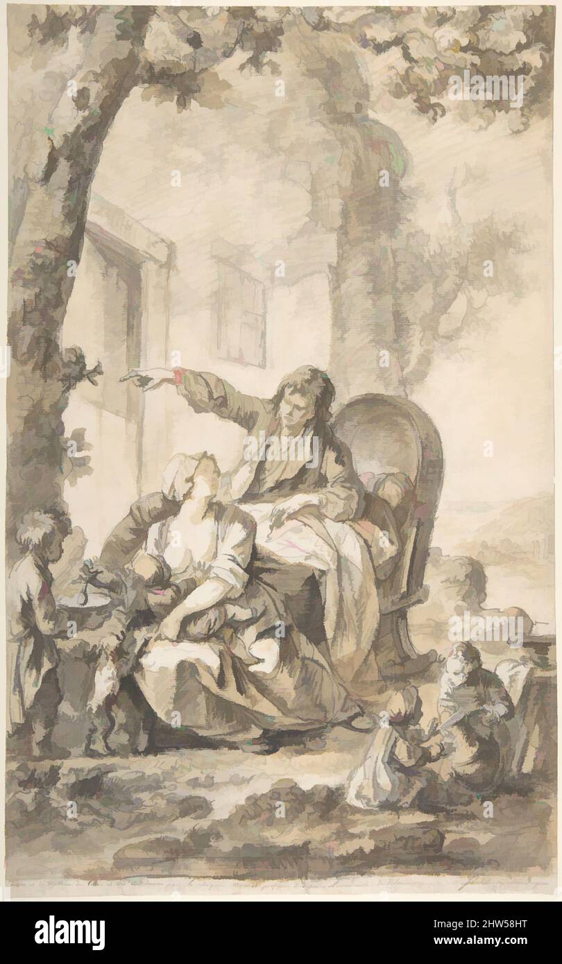 Arte ispirata dal giovane Padre distressed dalla sua famiglia crescente, 18th secolo, penna e inchiostro grigio brunastro, pennello e marrone lavaggio su gesso nero. Una striscia orizzontale di 1,5 cm di altezza è stata aggiunta al margine inferiore e il disegno è continuato nella stessa mano., 14 3/8 x 8 7/8 poll. (36,5 x 22,6, opere classiche modernizzate da Artotop con un tuffo di modernità. Forme, colore e valore, impatto visivo accattivante sulle emozioni artistiche attraverso la libertà delle opere d'arte in modo contemporaneo. Un messaggio senza tempo che persegue una nuova direzione selvaggiamente creativa. Artisti che si rivolgono al supporto digitale e creano l'NFT Artotop Foto Stock