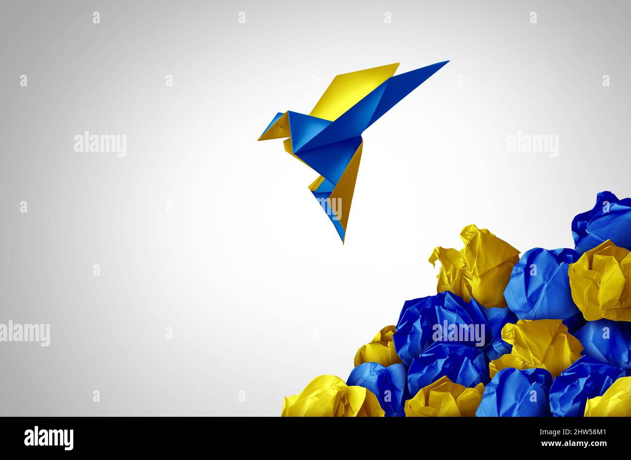 Speranza per il popolo ucraino simbolo come un gruppo di ucraini insieme con la bandiera dell'Ucraina come un paese dell'Europa orientale in uno stile di illustrazione 3D. Foto Stock