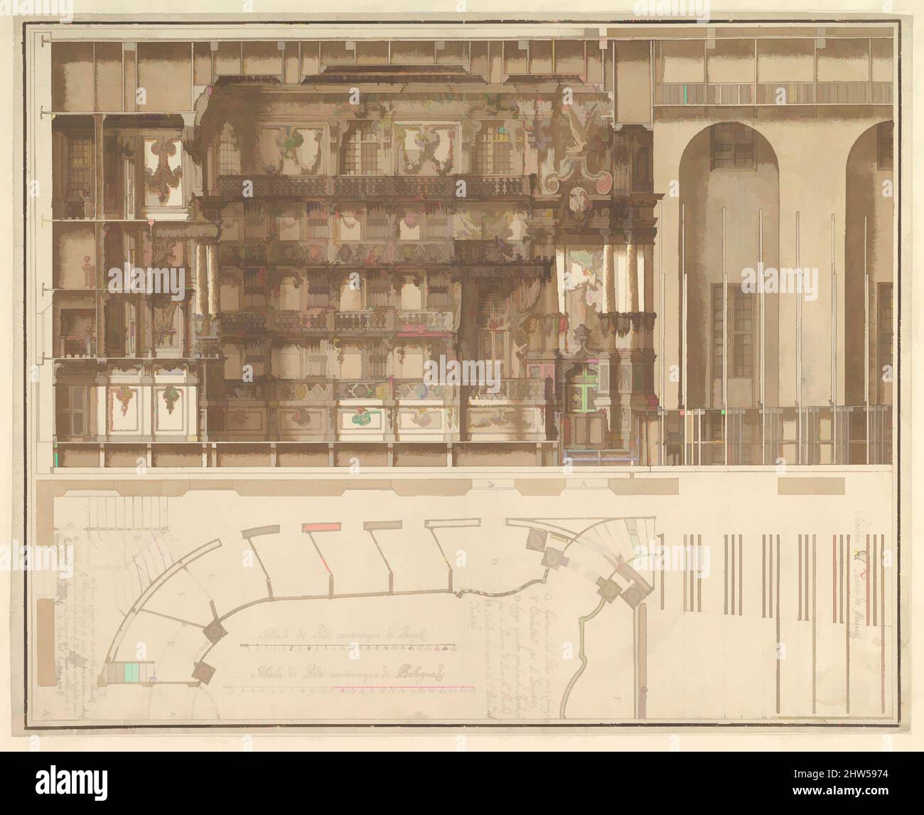 Arte ispirata da disegni per il teatro di Nancy: Sezione longitudinale e seminterrato piano, 1709, inchiostro Pen e marrone, pennello e marrone lavaggio, 16-1/4 x 20-3/16 pollici. (41,3 x 51,3 cm), disegni, Assistente di Francesco Galli Bibiena (Bologna 1659–1739 Bologna, opere classiche modernizzate da Artotop con un tuffo di modernità. Forme, colore e valore, impatto visivo accattivante sulle emozioni artistiche attraverso la libertà delle opere d'arte in modo contemporaneo. Un messaggio senza tempo che persegue una nuova direzione selvaggiamente creativa. Artisti che si rivolgono al supporto digitale e creano l'NFT Artotop Foto Stock