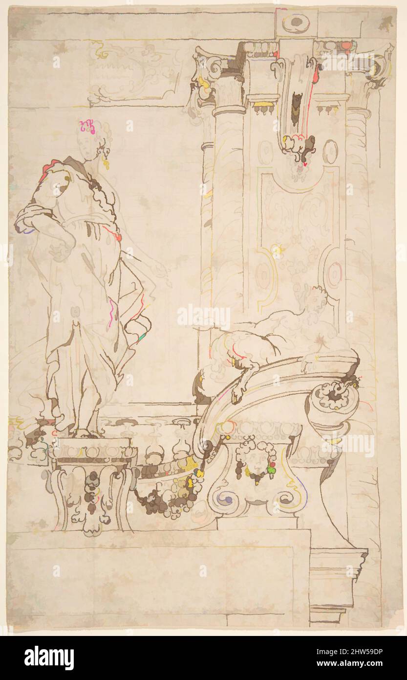 Arte ispirata da schizzo di balcone e molo (?) Con penna e inchiostro marrone su grafite o piombo su carta color crema, 8-9/16 x 5-1/2 pollici, Satyr rifoderante, 18th sec. (21,7 x 13,9 cm), Anonimo, italiano, prima metà del 18th secolo, opere classiche modernizzate da Artotop con un tuffo di modernità. Forme, colore e valore, impatto visivo accattivante sulle emozioni artistiche attraverso la libertà delle opere d'arte in modo contemporaneo. Un messaggio senza tempo che persegue una nuova direzione selvaggiamente creativa. Artisti che si rivolgono al supporto digitale e creano l'NFT Artotop Foto Stock