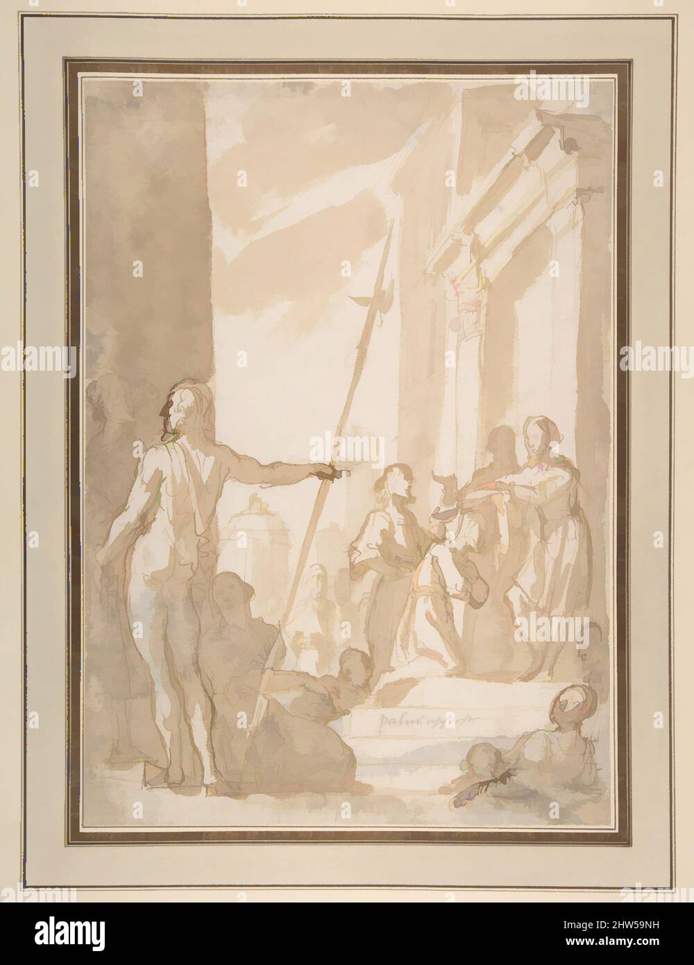 Arte ispirata da soggetto non identificato: Figura in piedi posizionamento di uno Scapolare (?) Su una Figura impastante, 1579–1665, penna e inchiostro marrone, spazzola e lavaggio marrone, 12 5/16 x 8 3/4in. (31,3 x 22,2cm), disegni, Astolfo Petrazzi (Siena 1580–1653 Siena, opere classiche modernizzate da Artotop con un tuffo di modernità. Forme, colore e valore, impatto visivo accattivante sulle emozioni artistiche attraverso la libertà delle opere d'arte in modo contemporaneo. Un messaggio senza tempo che persegue una nuova direzione selvaggiamente creativa. Artisti che si rivolgono al supporto digitale e creano l'NFT Artotop Foto Stock