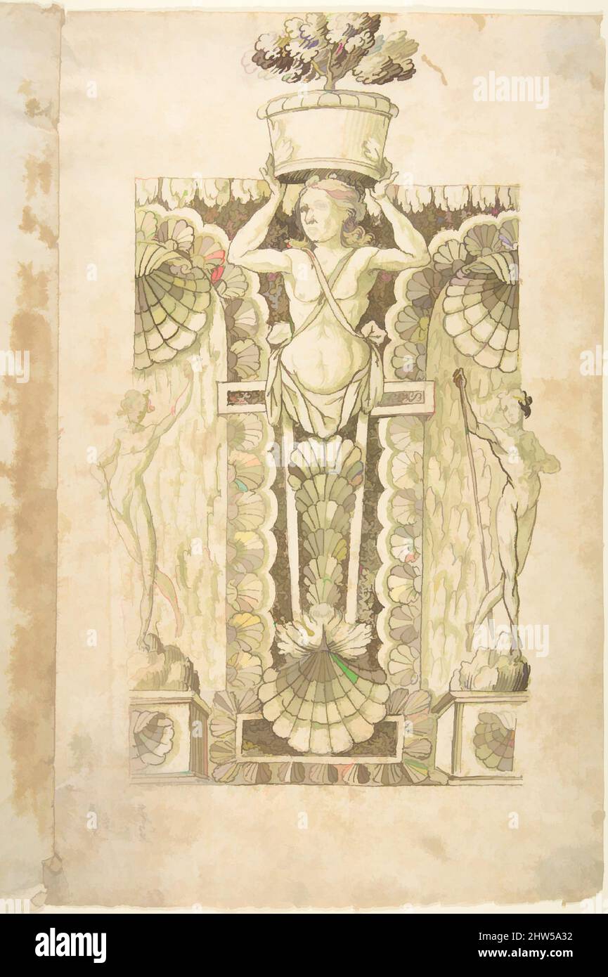 Arte ispirata al design per una Fontana da parete, 1550–1620, inchiostro a penna e marrone, pennello e lavaggio verde, disegno al di sopra del punto di piombo, 14 5/8 x 9 13/16 poll. (37,1 x 24,9 cm), disegni, anonimi, italiani, lombardi, 16th secolo, opere classiche modernizzate da Artotop con un tuffo di modernità. Forme, colore e valore, impatto visivo accattivante sulle emozioni artistiche attraverso la libertà delle opere d'arte in modo contemporaneo. Un messaggio senza tempo che persegue una nuova direzione selvaggiamente creativa. Artisti che si rivolgono al supporto digitale e creano l'NFT Artotop Foto Stock