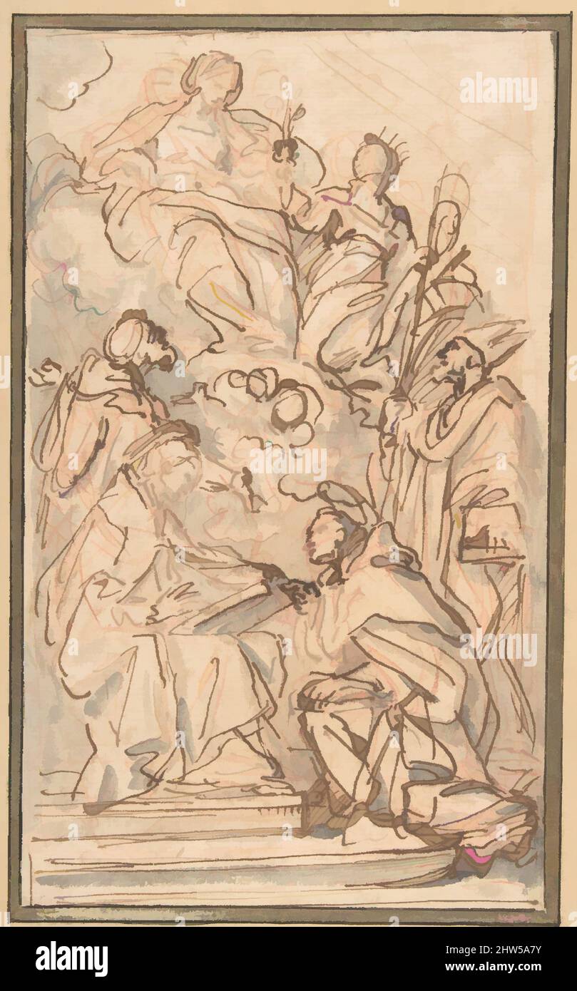 Arte ispirata alla Vergine con presunzione femminile che appare a quattro Santi Male, 1680–95, penna e inchiostro marrone, pennello e lavaggio grigio, su gesso rosso, 9 13/16 x 5 7/8in. (25 x 15cm), disegni, attribuiti a Carlo Maratti (italiano, Camerano 1625–1713 Roma, opere classiche modernizzate da Artotop con un tuffo di modernità. Forme, colore e valore, impatto visivo accattivante sulle emozioni artistiche attraverso la libertà delle opere d'arte in modo contemporaneo. Un messaggio senza tempo che persegue una nuova direzione selvaggiamente creativa. Artisti che si rivolgono al supporto digitale e creano l'NFT Artotop Foto Stock