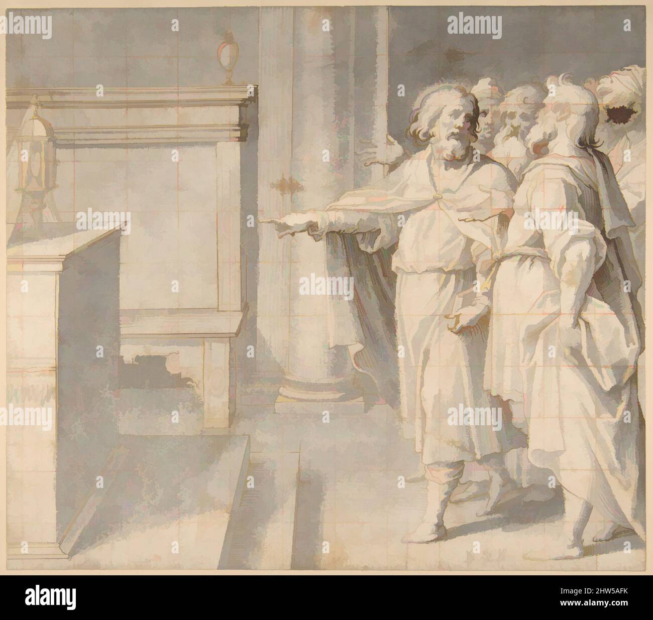 Arte ispirata da un santo maschio seguita da un gruppo di uomini, che punta ad una mostrania su un altare, 1555–1619, penna e inchiostro marrone, pennello e lavaggio grigio, squadrato per il trasferimento in gesso rosso, 9 3/4 x 11in. (24,8 x 28cm), disegni, Giovanni Battista Trotti ('il Malosso') (Cremona 1556–, opere classiche modernizzate da Artotop con un tuffo di modernità. Forme, colore e valore, impatto visivo accattivante sulle emozioni artistiche attraverso la libertà delle opere d'arte in modo contemporaneo. Un messaggio senza tempo che persegue una nuova direzione selvaggiamente creativa. Artisti che si rivolgono al supporto digitale e creano l'NFT Artotop Foto Stock