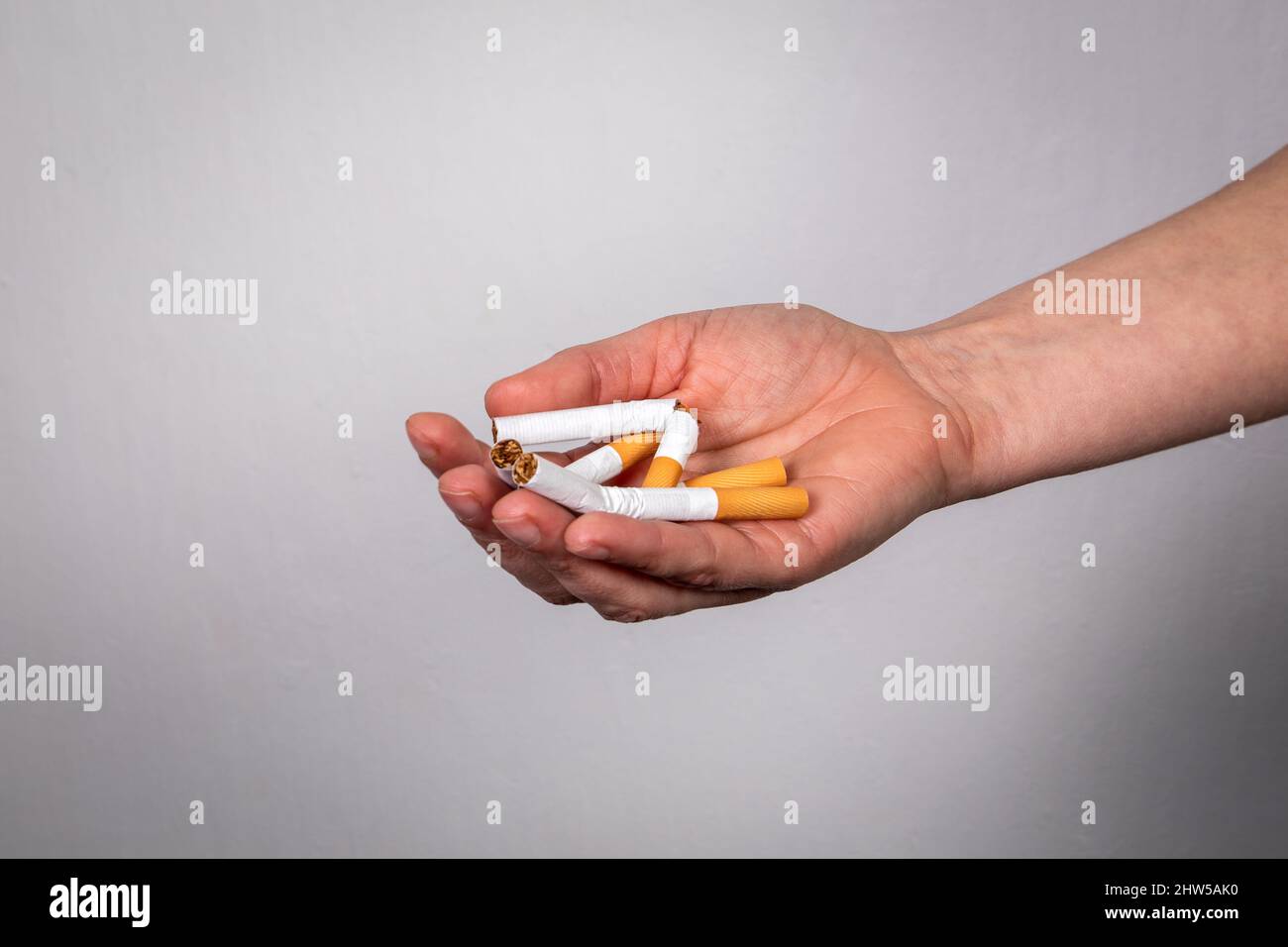 Rotto mucchio di sigarette in mano di una donna. Smettere di fumare. Foto Stock