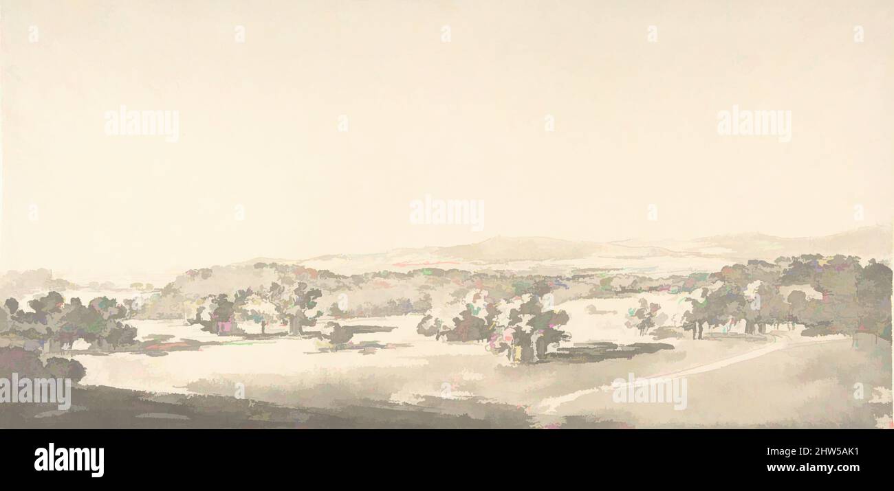 Art Inspired by Derbyshire Landscape, 1815, Brush and Grey Wash and Graphite, tuta: 8 1/8 x 16 3/4 poll. (20,7 x 42,5 cm), disegni, attribuiti a John Constable (British, East Bergholt 1776–1837 Hampstead, opere classiche modernizzate da Artotop con un tuffo di modernità. Forme, colore e valore, impatto visivo accattivante sulle emozioni artistiche attraverso la libertà delle opere d'arte in modo contemporaneo. Un messaggio senza tempo che persegue una nuova direzione selvaggiamente creativa. Artisti che si rivolgono al supporto digitale e creano l'NFT Artotop Foto Stock