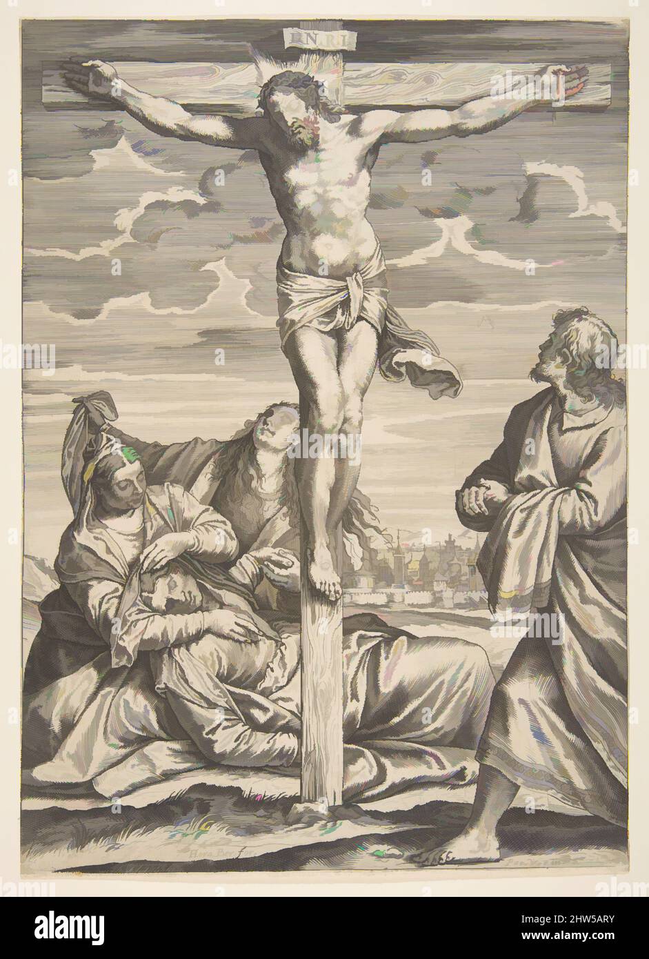 Arte ispirata da Cristo sulla croce, San Giovanni a destra guardando verso di lui, a sinistra è la svenente Vergine Maria sostenuta da due donne, 1582, incisione, foglio: 12 3/16 x 8 9/16 in. (30,9 x 21,8 cm), stampe, Agostino Carracci (Bologna 1557–1602 Parma), dopo Paolo, Opere classiche modernizzate da Artotop con un tocco di modernità. Forme, colore e valore, impatto visivo accattivante sulle emozioni artistiche attraverso la libertà delle opere d'arte in modo contemporaneo. Un messaggio senza tempo che persegue una nuova direzione selvaggiamente creativa. Artisti che si rivolgono al supporto digitale e creano l'NFT Artotop Foto Stock