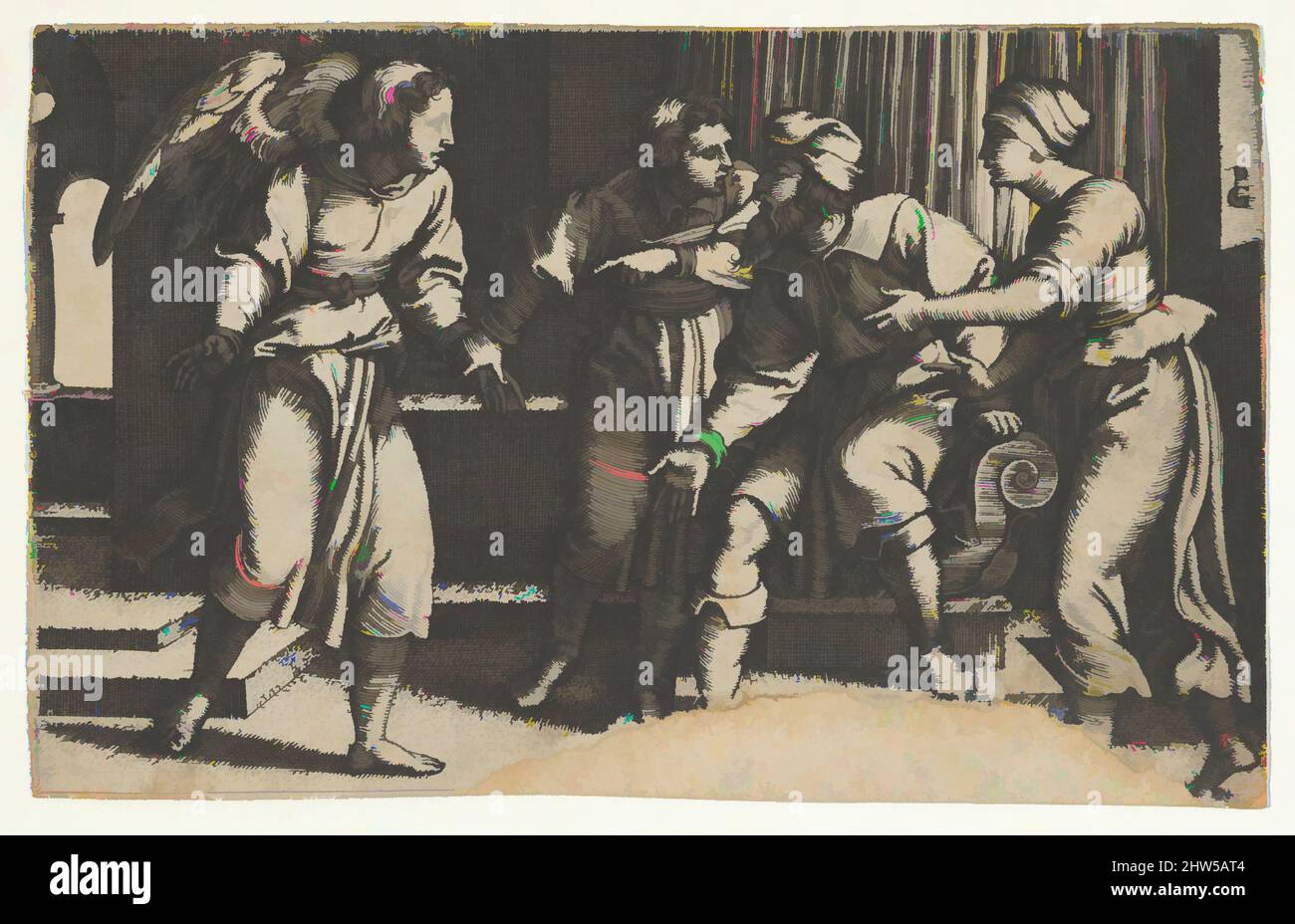 Arte ispirata da Tobias e dall'Arcangelo Raffaello, dalla Storia di Tobias, 1543, incisione; primo stato di tre (Landau), foglio (rifinito): 2 5/8 x 4 3/16 pollici. (6,7 x 10,6 cm), stampe, Georg Pencz (tedesco, Wroclaw ca. 1500–1550 Lipsia, opere classiche modernizzate da Artotop con un tuffo di modernità. Forme, colore e valore, impatto visivo accattivante sulle emozioni artistiche attraverso la libertà delle opere d'arte in modo contemporaneo. Un messaggio senza tempo che persegue una nuova direzione selvaggiamente creativa. Artisti che si rivolgono al supporto digitale e creano l'NFT Artotop Foto Stock