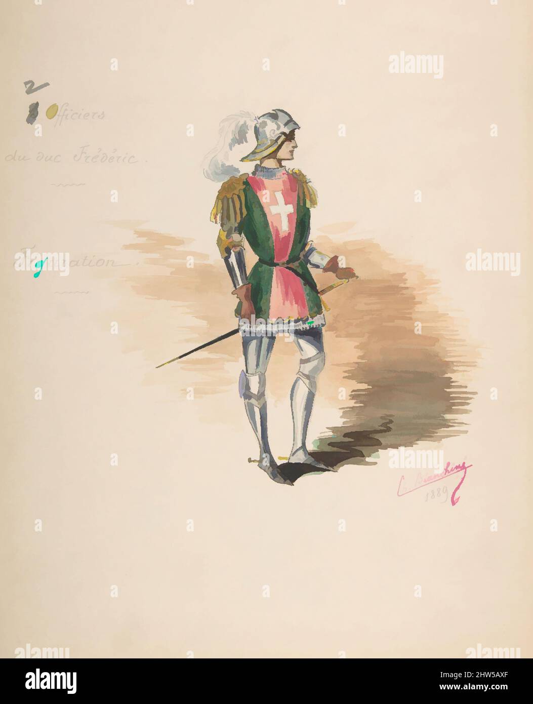 Art Inspired by Costume Design for 'Officiers du duc Frédéric' a; descrittivo foglio di Costume Accessories b, 1889, inchiostro nero e penna, acquerello, sovra disegno in grafite, 12 3/8 x 9 7/16 poll. (31,4 x 23,9 cm), disegni, Charles Bianchini (francese, Lione 1860–1905 Parigi, opere classiche modernizzate da Artotop con un tocco di modernità. Forme, colore e valore, impatto visivo accattivante sulle emozioni artistiche attraverso la libertà delle opere d'arte in modo contemporaneo. Un messaggio senza tempo che persegue una nuova direzione selvaggiamente creativa. Artisti che si rivolgono al supporto digitale e creano l'NFT Artotop Foto Stock