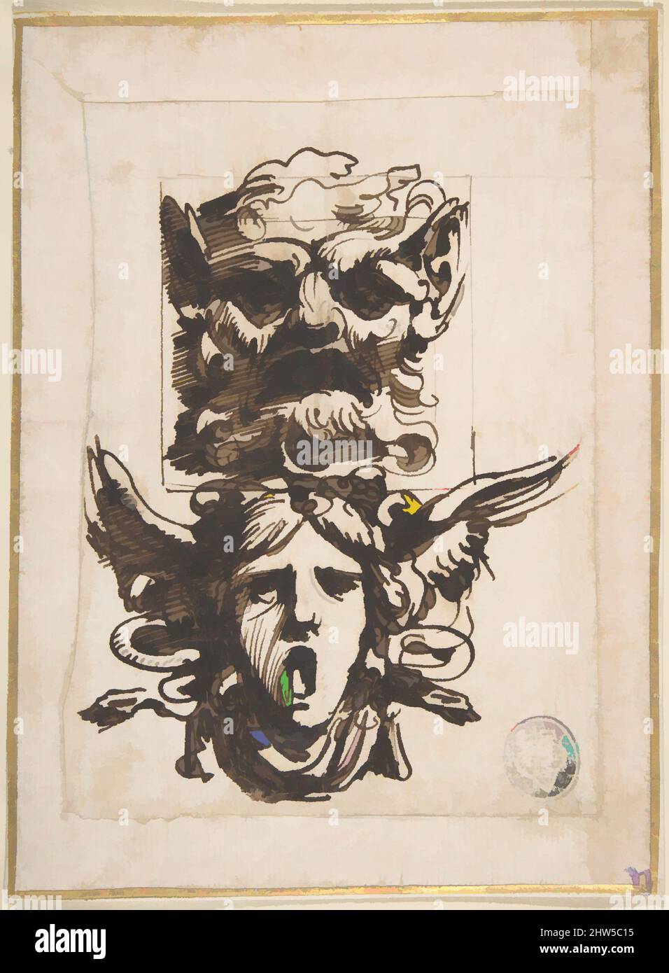 Arte ispirata dal design per due maschere a forma di Satyr e una testa a medusa con alette, 1732–1802, inchiostro Pen e marrone scuro, 6 7/8 x 5 1/16 pollici. (17,4 x 12,8 cm), Carlo Bianconi (Bologna 1732–1802 Milano, opere classiche modernizzate da Artotop con un tuffo di modernità. Forme, colore e valore, impatto visivo accattivante sulle emozioni artistiche attraverso la libertà delle opere d'arte in modo contemporaneo. Un messaggio senza tempo che persegue una nuova direzione selvaggiamente creativa. Artisti che si rivolgono al supporto digitale e creano l'NFT Artotop Foto Stock