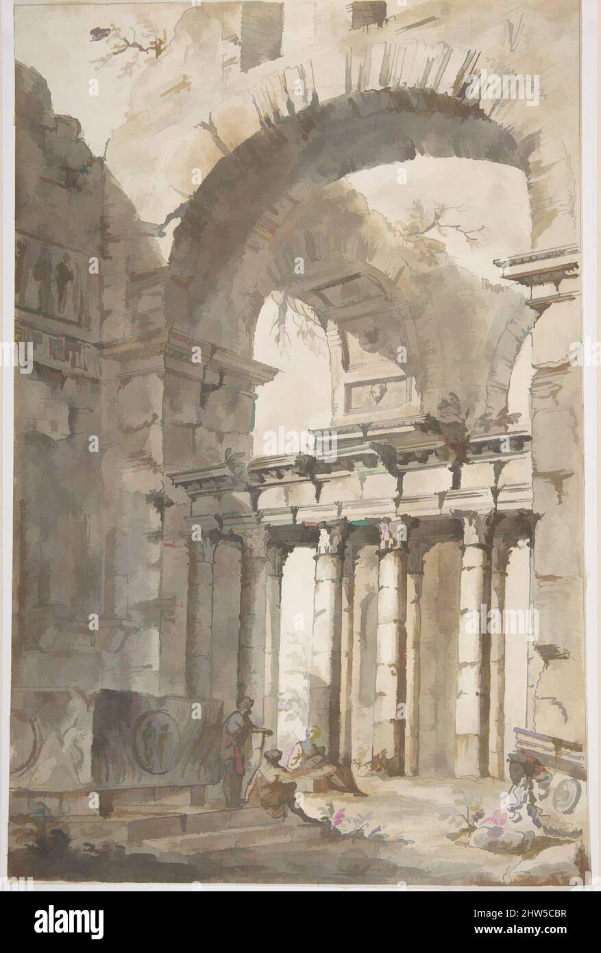 Arte ispirata alle rovine di una Basilica o Mausoleo, 1691–1765, penna e inchiostro, pennello e lavaggio marrone e grigio, 12 3/16 x 8 1/8in. (31 x 20,6cm), disegni, Giovanni Paolo panini (italiano, Piacenza 1691–1765 Roma, opere classiche modernizzate da Artotop con un tocco di modernità. Forme, colore e valore, impatto visivo accattivante sulle emozioni artistiche attraverso la libertà delle opere d'arte in modo contemporaneo. Un messaggio senza tempo che persegue una nuova direzione selvaggiamente creativa. Artisti che si rivolgono al supporto digitale e creano l'NFT Artotop Foto Stock