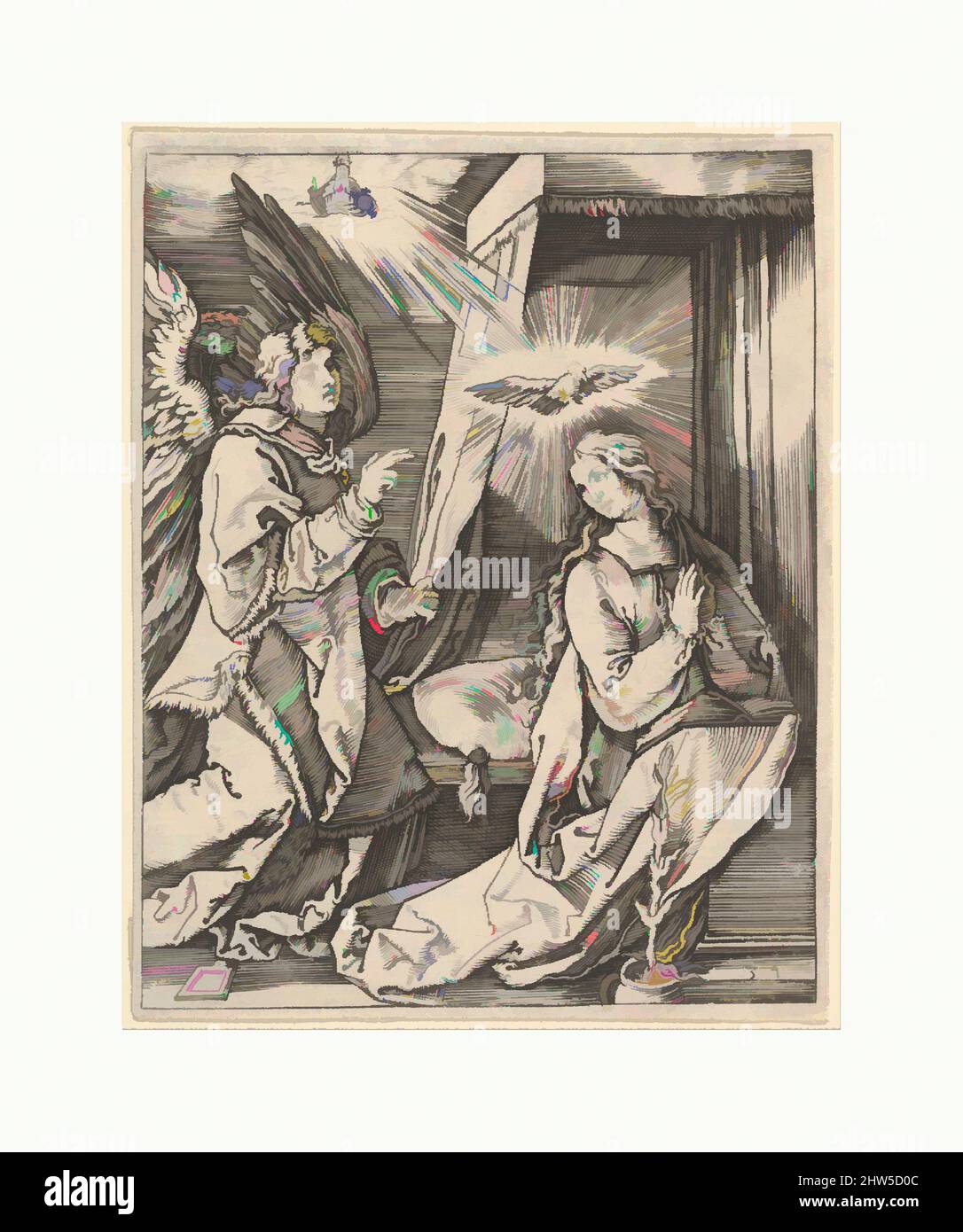 Arte ispirata dall'Annunciazione; a sinistra l'arcangelo Gabriele si avvicina alla Vergine Maria nella sua camera da letto, sopra la sua testa una colomba che rappresenta lo Spirito Santo, nel cielo sopra una figura di Dio Padre, dopo Dürer, ca. 1500–1534, incisione; secondo stato di tre, foglio, opere classiche modernizzate da Artotop con un tuffo di modernità. Forme, colore e valore, impatto visivo accattivante sulle emozioni artistiche attraverso la libertà delle opere d'arte in modo contemporaneo. Un messaggio senza tempo che persegue una nuova direzione selvaggiamente creativa. Artisti che si rivolgono al supporto digitale e creano l'NFT Artotop Foto Stock