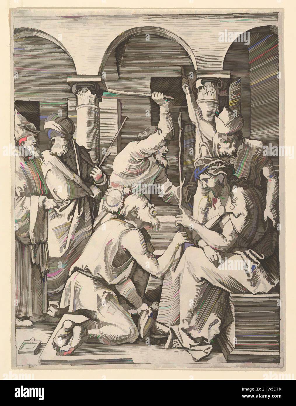 Arte ispirata dalla Corona delle spine; uomini che mettono la corona delle spine su Cristo che benedice l'uomo inginocchiato, dopo Dürer, ca. 1500–1534, incisione; secondo stato di tre, foglio: 5 3/16 x 3 7/8 poll. (13,2 x 9,9 cm), stampe, Marcantonio Raimondi (Italiano, Argini (?) circa 1480–prima del 1534 Bologna, opere classiche modernizzate da Artotop con un tuffo di modernità. Forme, colore e valore, impatto visivo accattivante sulle emozioni artistiche attraverso la libertà delle opere d'arte in modo contemporaneo. Un messaggio senza tempo che persegue una nuova direzione selvaggiamente creativa. Artisti che si rivolgono al supporto digitale e creano l'NFT Artotop Foto Stock
