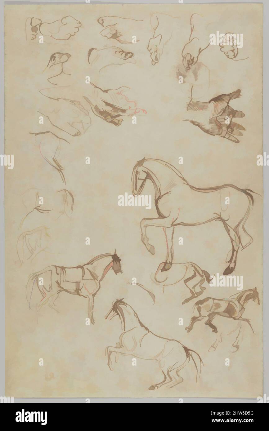 Art Inspired by Nineteen Studies of Horses, Hands, and Feet (r.); Studies of Heads and Figures (v.), 1820–63, Pen and Brown and black ink over graphite (r.); Pen and ink, brush and wash (v.) on Laid paper, overall: 16 7/16 x 10 3/4 in. (41,8 x 27,3 cm), disegni, Eugène Delacroix (, opere classiche modernizzate da Artotop con un tuffo di modernità. Forme, colore e valore, impatto visivo accattivante sulle emozioni artistiche attraverso la libertà delle opere d'arte in modo contemporaneo. Un messaggio senza tempo che persegue una nuova direzione selvaggiamente creativa. Artisti che si rivolgono al supporto digitale e creano l'NFT Artotop Foto Stock