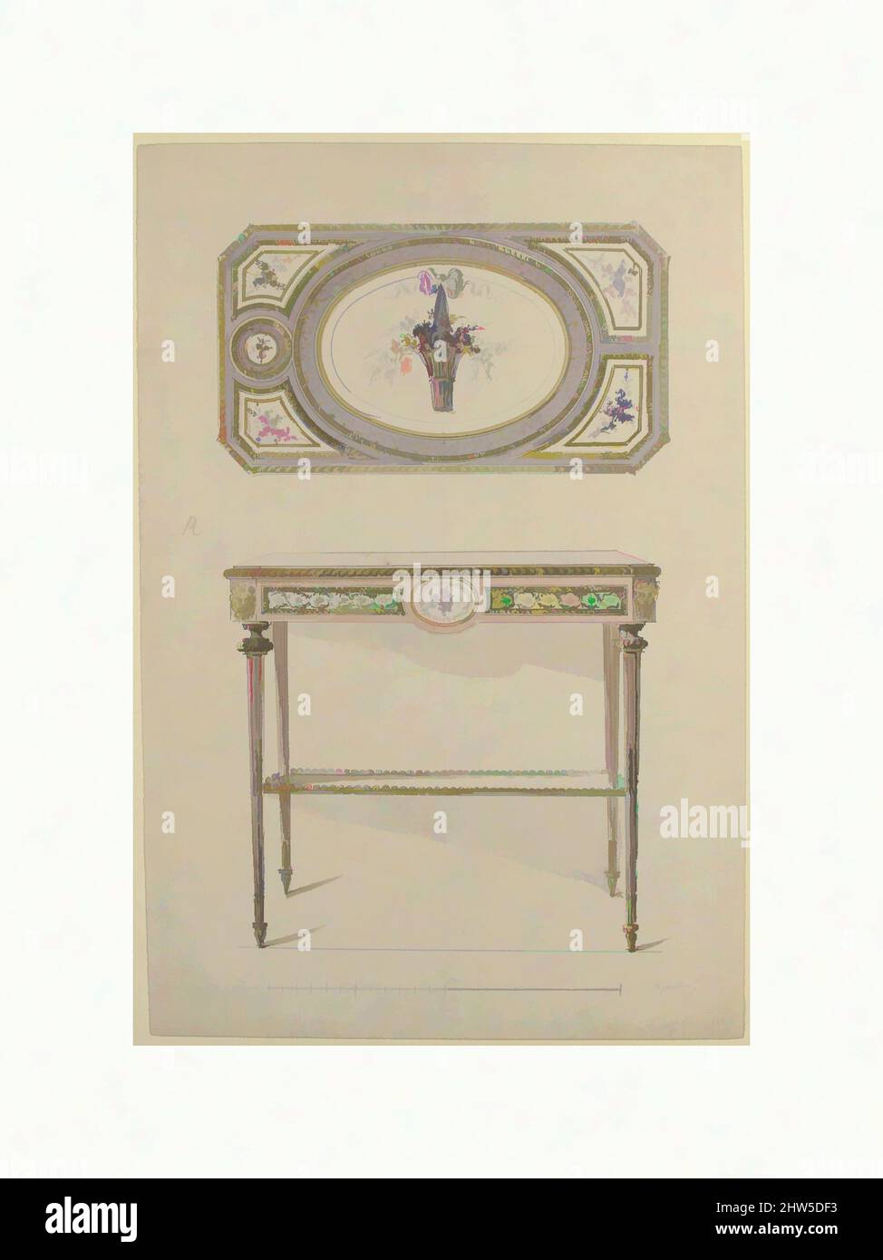 Arte ispirata dal Design for a Table, ca. 1770–85, penna e inchiostro nero, pennello e lavaggio marrone, 14 5/16 x 9 5/8 pollici (36,3 x 24,5 cm), disegni, Anonimo, Francese, 18th secolo, Opere classiche modernizzate da Artotop con un tocco di modernità. Forme, colore e valore, impatto visivo accattivante sulle emozioni artistiche attraverso la libertà delle opere d'arte in modo contemporaneo. Un messaggio senza tempo che persegue una nuova direzione selvaggiamente creativa. Artisti che si rivolgono al supporto digitale e creano l'NFT Artotop Foto Stock