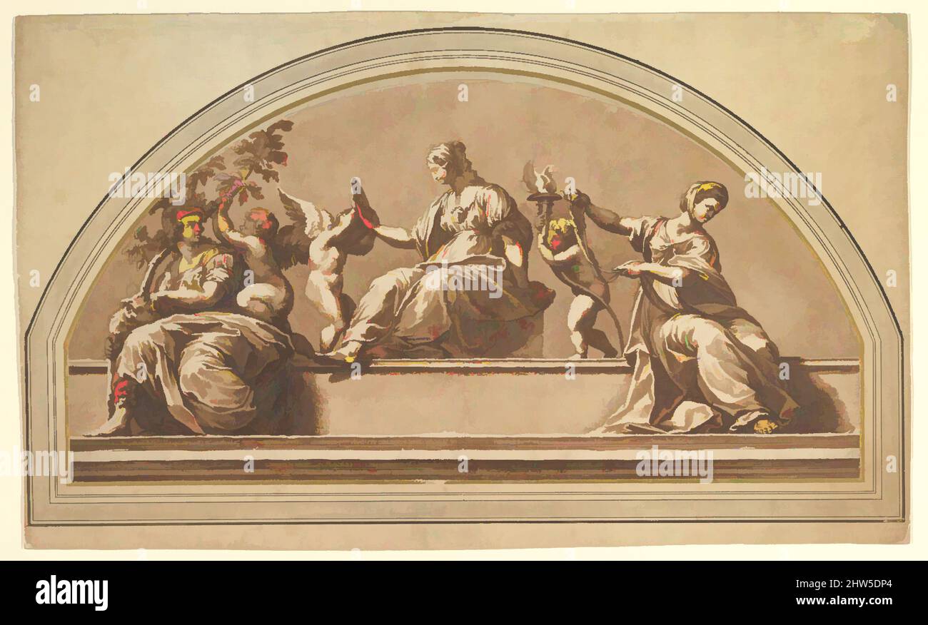 Arte ispirata alle tre virtù (dopo Raffaello), ca. 1665, inchiostro a penna e marrone, lavaggio marrone, su gesso nero, 9 13/16 x 19 7/16 pollici (25,0 x 49,3 cm) (semicircolare), disegni, Jan de Bisschop (olandese, Amsterdam 1628–1671 l'Aia), dopo Raffaello Sanzio (italiano, opere classiche modernizzate da Artotop con un tuffo di modernità. Forme, colore e valore, impatto visivo accattivante sulle emozioni artistiche attraverso la libertà delle opere d'arte in modo contemporaneo. Un messaggio senza tempo che persegue una nuova direzione selvaggiamente creativa. Artisti che si rivolgono al supporto digitale e creano l'NFT Artotop Foto Stock
