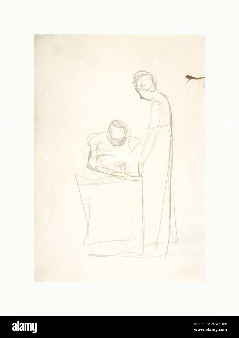 Arte ispirata dallo studio di due figure: Una seduta, l'altra in piedi (retto); studio di una testa che guarda verso l'alto (verso), 1775–78, grafite con tracce di penna e inchiostro marrone in alto a destra, 11 x 7 11/16 pollici (27,9 x 19,5 cm), disegni, George Romney (British, Beckside, Lancashire 1734–1802, Opere classiche modernizzate da Artotop con un tocco di modernità. Forme, colore e valore, impatto visivo accattivante sulle emozioni artistiche attraverso la libertà delle opere d'arte in modo contemporaneo. Un messaggio senza tempo che persegue una nuova direzione selvaggiamente creativa. Artisti che si rivolgono al supporto digitale e creano l'NFT Artotop Foto Stock