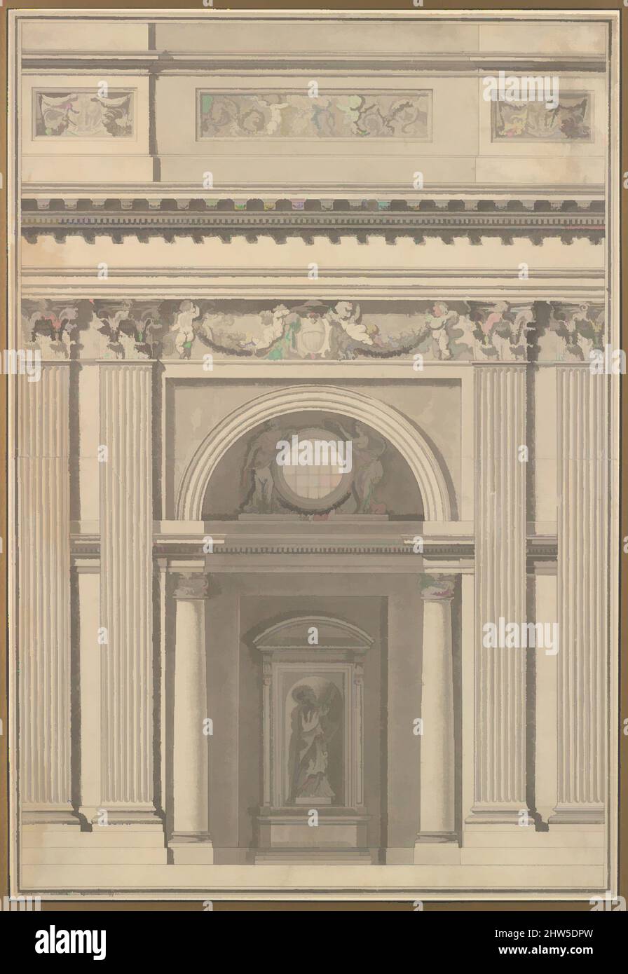 Arte ispirata a Elevation of a Wall, 1776, penna e inchiostro grigio, spazzola e lavaggio grigio, 20 3/8 x 13 15/16 pollici (51,8 x 35,4 cm), disegni, attribuiti a Jean Guillaume Moitte (francese, Parigi 1746–1810 Parigi, opere classiche modernizzate da Artotop con un tuffo di modernità. Forme, colore e valore, impatto visivo accattivante sulle emozioni artistiche attraverso la libertà delle opere d'arte in modo contemporaneo. Un messaggio senza tempo che persegue una nuova direzione selvaggiamente creativa. Artisti che si rivolgono al supporto digitale e creano l'NFT Artotop Foto Stock