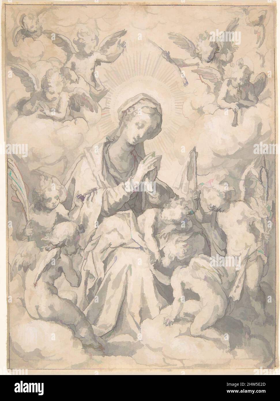 Arte ispirata alla Vergine col Bambino circondata da piccoli Angeli nelle Nuvole, ca. 1590, inchiostro Pen e marrone e grigio lavano con un'azione di heightening bianco, totale: 4 3/4 x 3 3/8 poll. (12 x 8,6 cm), disegni, Friedrich Sustris (Olanda), Venezia (?) circa 1540–1599 Monaco, opere classiche modernizzate da Artotop con un tuffo di modernità. Forme, colore e valore, impatto visivo accattivante sulle emozioni artistiche attraverso la libertà delle opere d'arte in modo contemporaneo. Un messaggio senza tempo che persegue una nuova direzione selvaggiamente creativa. Artisti che si rivolgono al supporto digitale e creano l'NFT Artotop Foto Stock