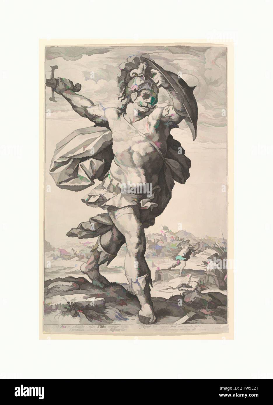 Arte ispirata da Horatius Cocles, dalla serie The Roman Heroes, 1586, Engraving; secondo stato, 14 1/2 x 9 5/16 poll. (36,9 x 23,7 cm), Prints, Hendrick Goltzius (Netherlandish, Mühlbracht 1558–1617 Haarlem, opere classiche modernizzate da Artotop con un tocco di modernità. Forme, colore e valore, impatto visivo accattivante sulle emozioni artistiche attraverso la libertà delle opere d'arte in modo contemporaneo. Un messaggio senza tempo che persegue una nuova direzione selvaggiamente creativa. Artisti che si rivolgono al supporto digitale e creano l'NFT Artotop Foto Stock