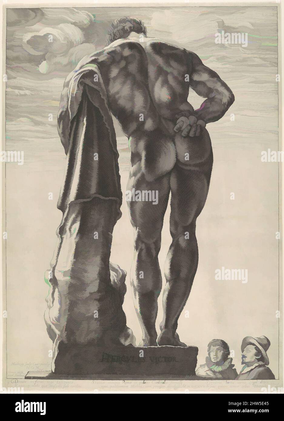 Arte ispirata da Ercole Farnese, ca. 1592, datato 1617, incisione, foglio: 16 9/16 x 11 15/16 pollici (42,1 x 30,4 cm), Prints, Hendrick Goltzius (Netherlandish, Mühlbracht 1558–1617 Haarlem), fu la cattiva salute di Goltzius e il suo desiderio di vedere i tesori di Roma che lo ispirarono, opere classiche modernizzate da Artotop con un tuffo di modernità. Forme, colore e valore, impatto visivo accattivante sulle emozioni artistiche attraverso la libertà delle opere d'arte in modo contemporaneo. Un messaggio senza tempo che persegue una nuova direzione selvaggiamente creativa. Artisti che si rivolgono al supporto digitale e creano l'NFT Artotop Foto Stock
