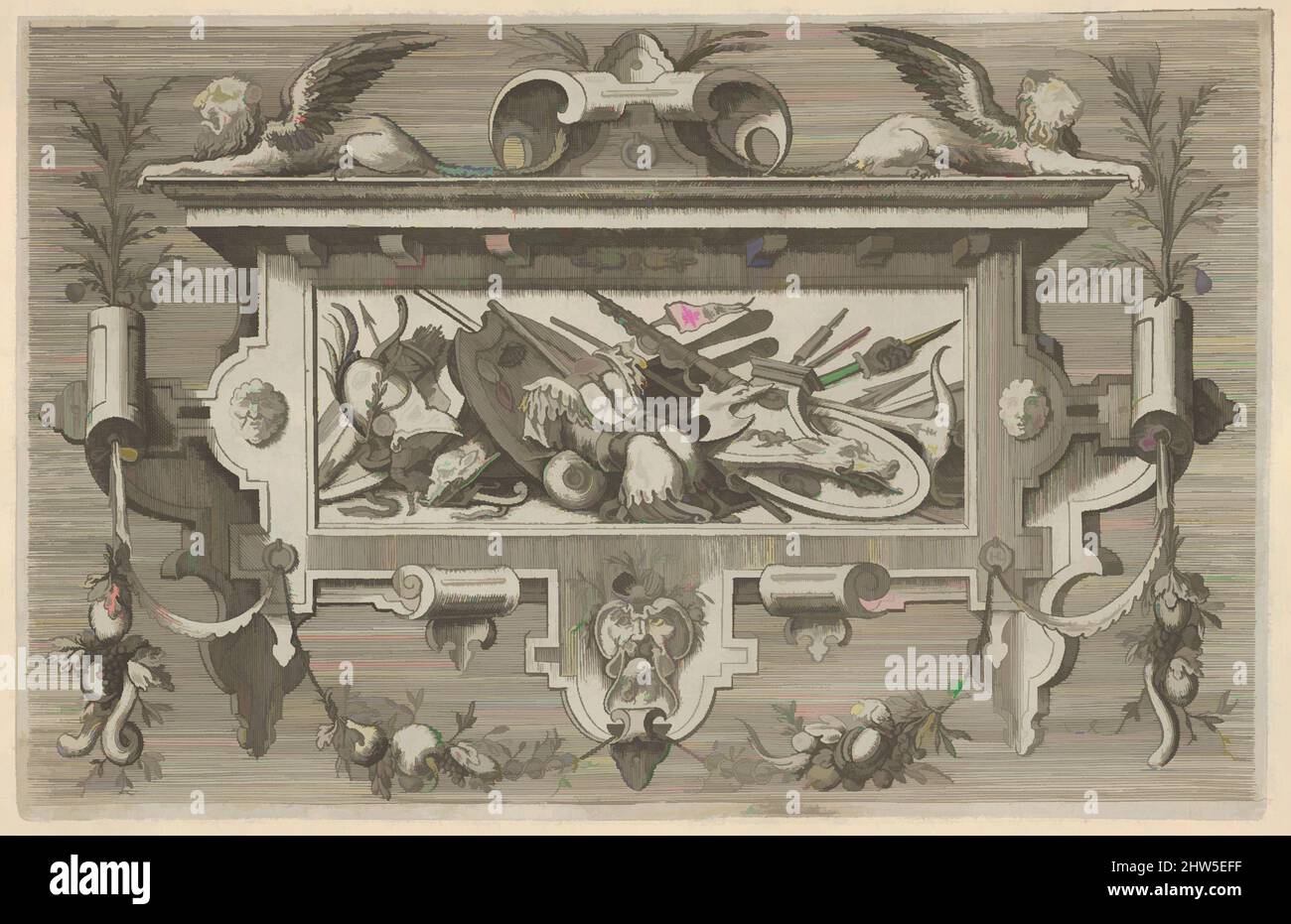Art Inspired by Veelderhande cierlijcke Compartementen profittelijck voor Schilders goutsmeden beeltsnijders ende ander costenaren., 1564, Engraving, 11 x 7 7/8 x 1/8 in. (28 x 20 x 0,3 cm), Libri, Jacob Floris il Vecchio (Fiammingo, 1524–1581, opere classiche modernizzate da Artotop con un tuffo di modernità. Forme, colore e valore, impatto visivo accattivante sulle emozioni artistiche attraverso la libertà delle opere d'arte in modo contemporaneo. Un messaggio senza tempo che persegue una nuova direzione selvaggiamente creativa. Artisti che si rivolgono al supporto digitale e creano l'NFT Artotop Foto Stock