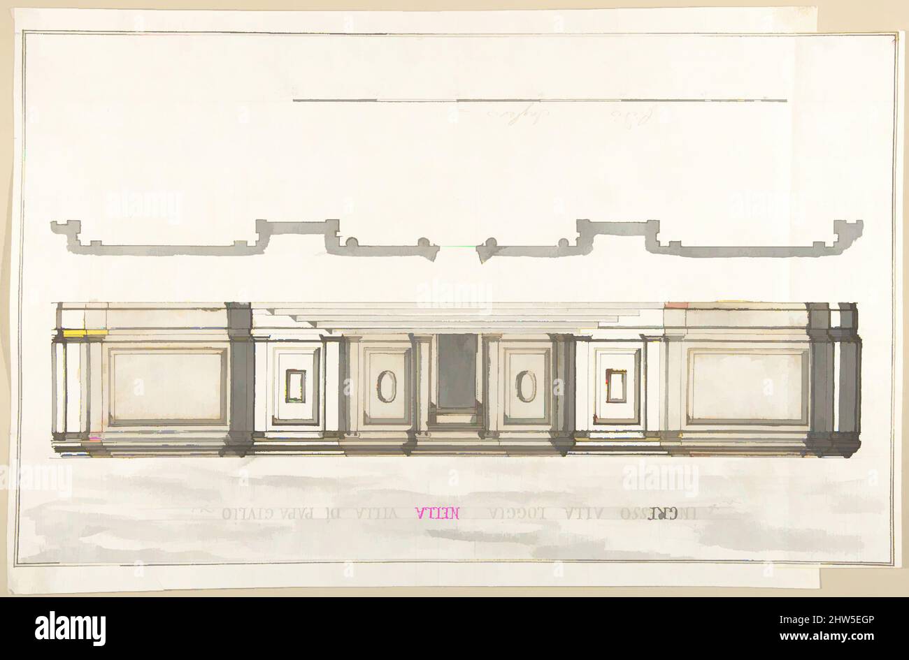 Arte ispirata dal disegno per l'ingresso della Loggia della Villa di Papa Giulio, 1710–27, inchiostro di penna e marrone, pennello e lavaggio grigio, sopra regnante in grafite, 11-9/16 x 17-5/8 pollici. (29,3 x 44,8 cm), disegni, Pietro Paolo Coccetti (Cocchetti) (italiano, documentato Roma, 1710–1727, opere classiche modernizzate da Artotop con un tuffo di modernità. Forme, colore e valore, impatto visivo accattivante sulle emozioni artistiche attraverso la libertà delle opere d'arte in modo contemporaneo. Un messaggio senza tempo che persegue una nuova direzione selvaggiamente creativa. Artisti che si rivolgono al supporto digitale e creano l'NFT Artotop Foto Stock